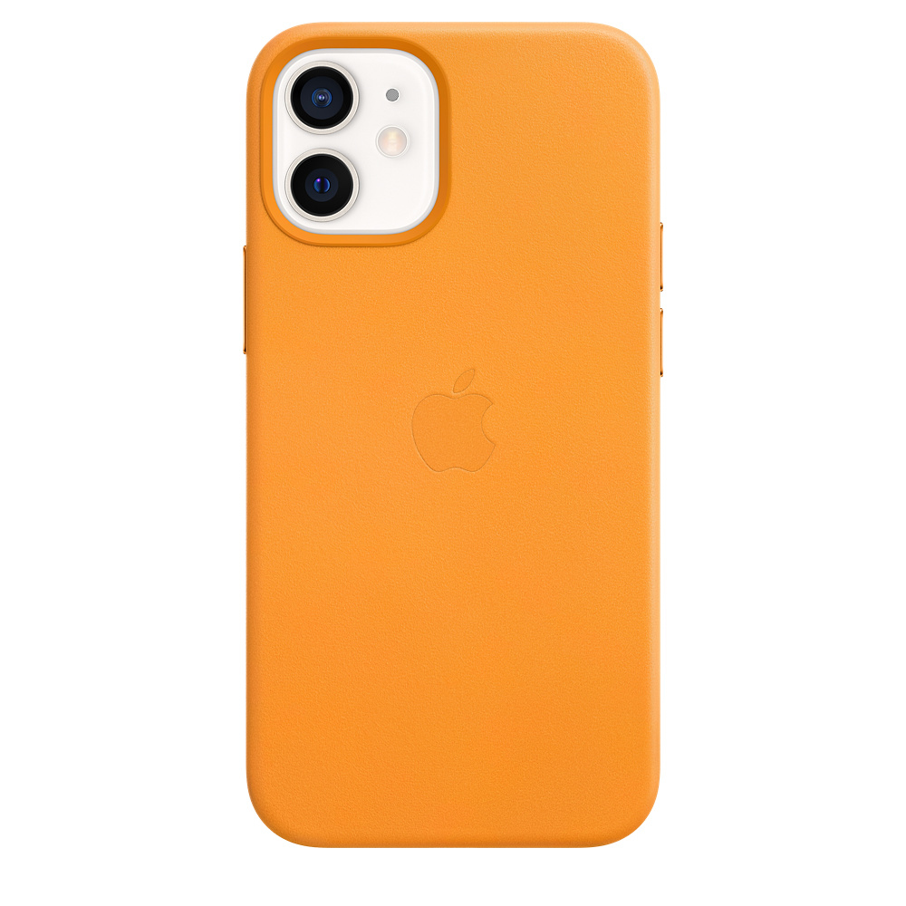 Orange phone case with Apple logo. Two camera lenses. Solid orange color. Side buttons visible.
