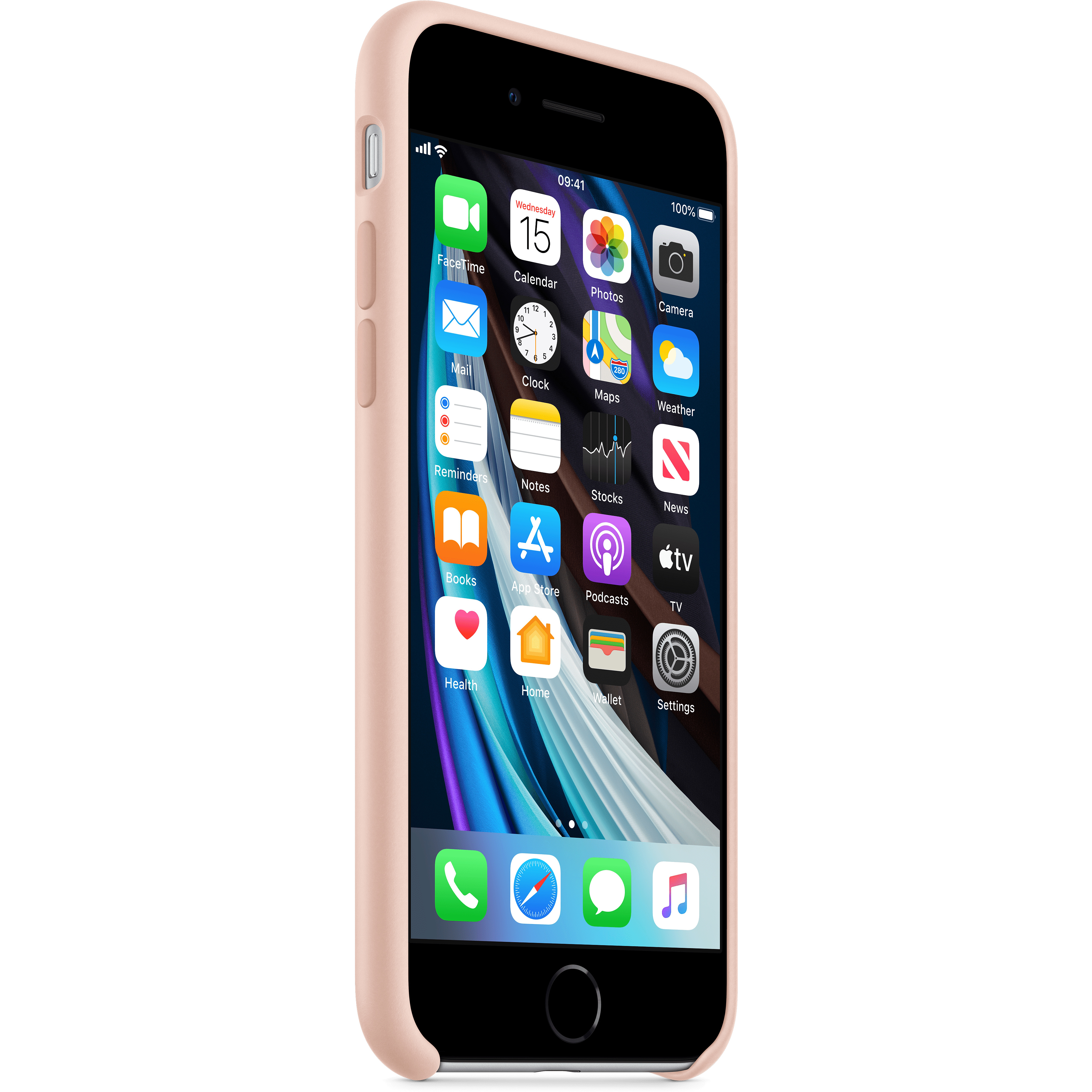iPhone in rosa Hülle. Auf dem Bildschirm sind App-Symbole zu sehen. Das Telefon steht vertikal.