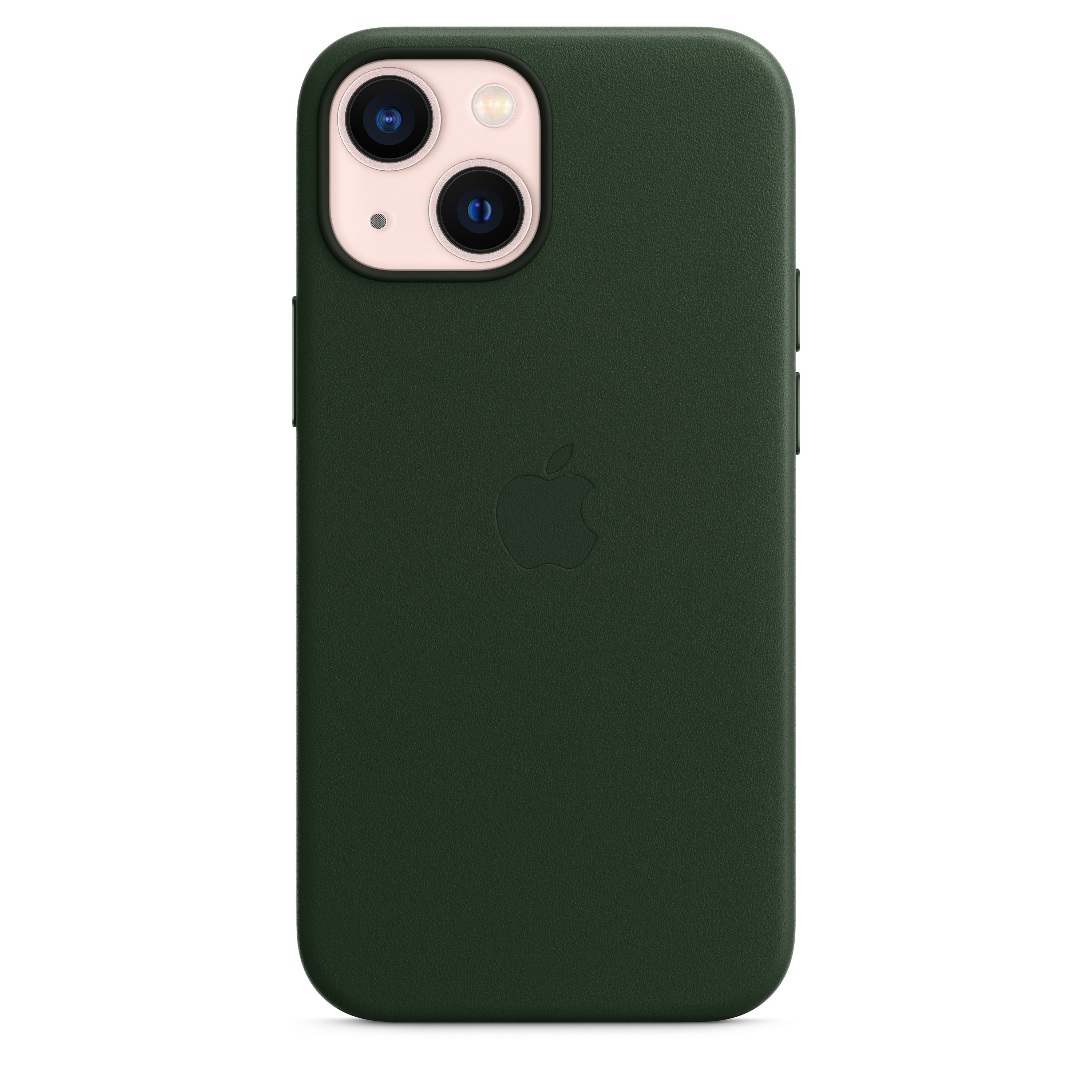 Coque verte pour iPhone avec deux lentilles de caméra. Logo Apple au dos, de couleur vert foncé.