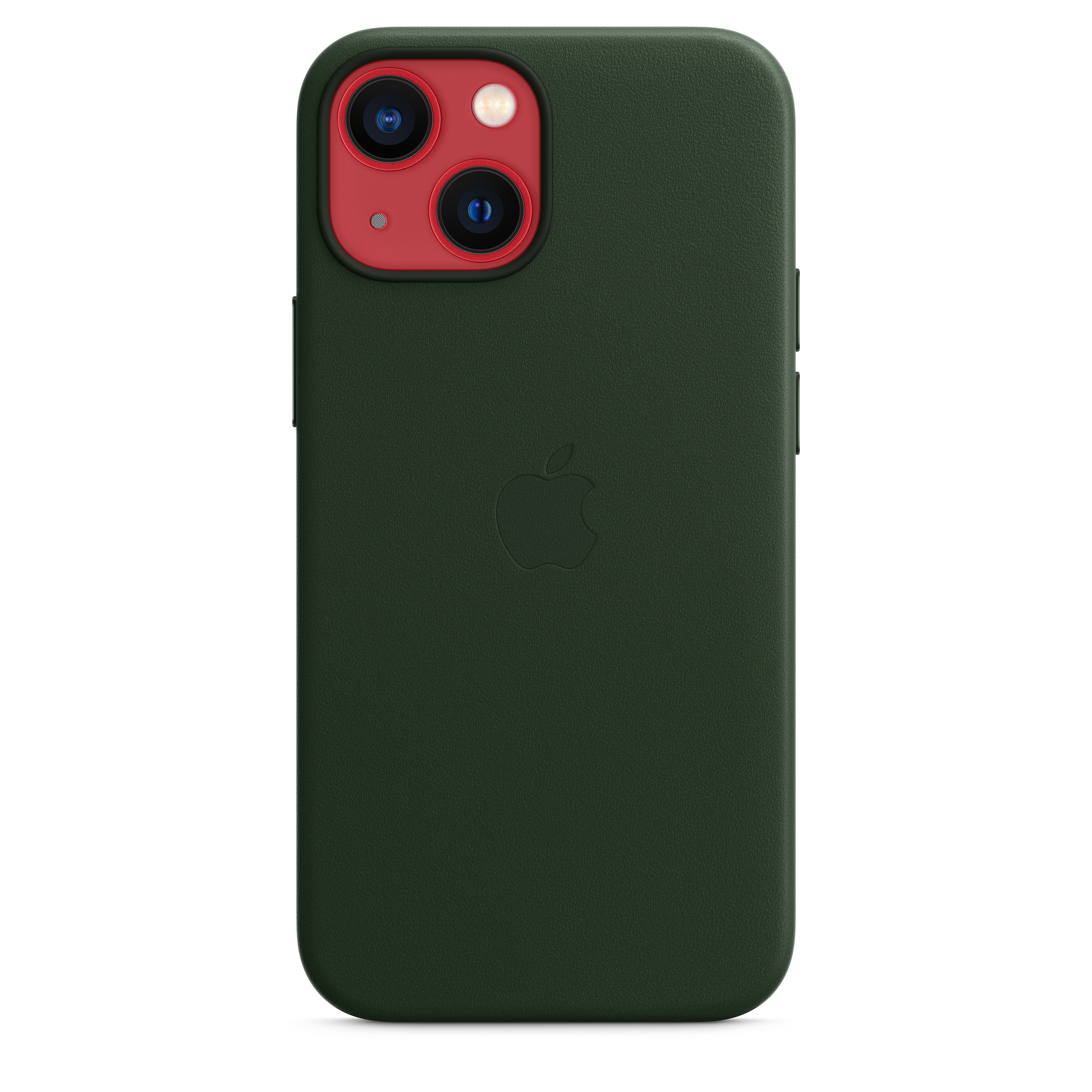 Coque en cuir vert avec module caméra rouge. Logo Apple visible au dos.