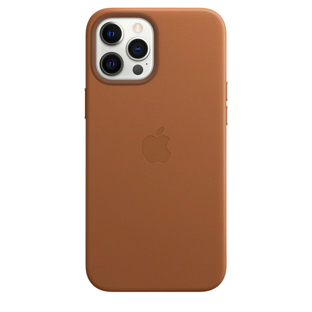 A brown leather phone case with an Apple logo. The case is on a white surface. The phone's camera is visible.