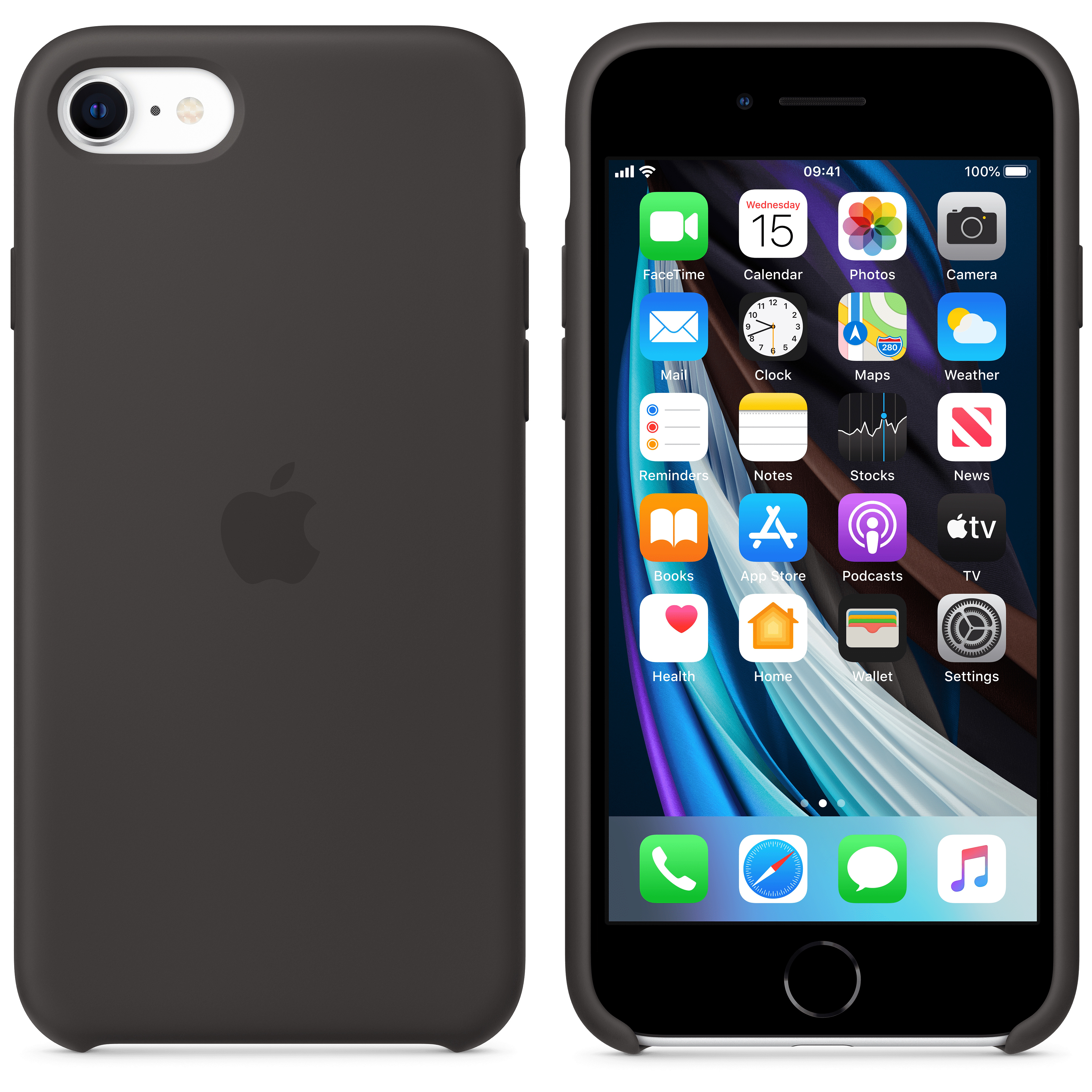 Ein schwarzes iPhone mit schwarzer Hülle. Der Bildschirm zeigt verschiedene App-Symbole. Das Telefon liegt auf weißem Untergrund.