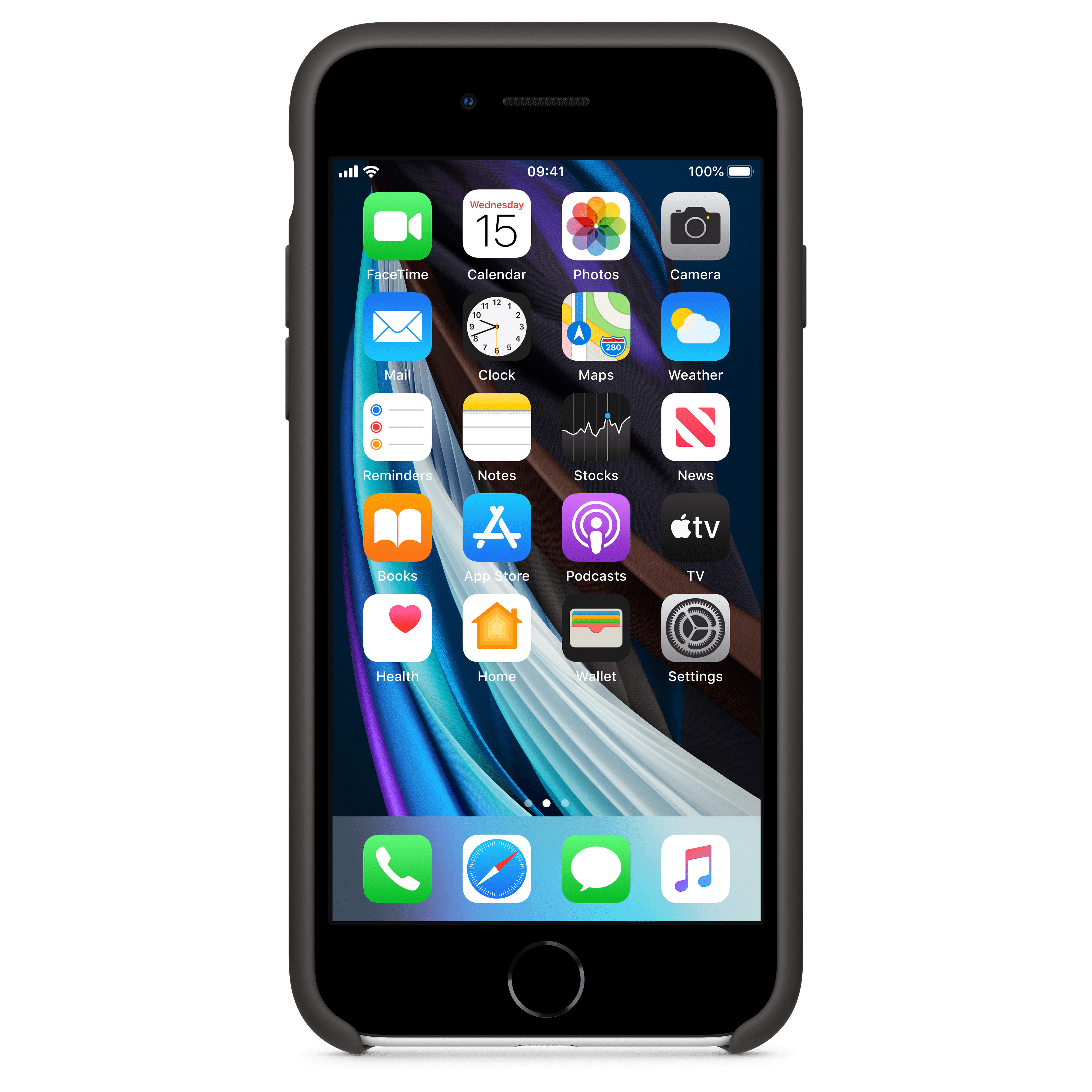 Schwarzes iPhone in einer Hülle, zeigt den Bildschirm mit App-Symbolen.