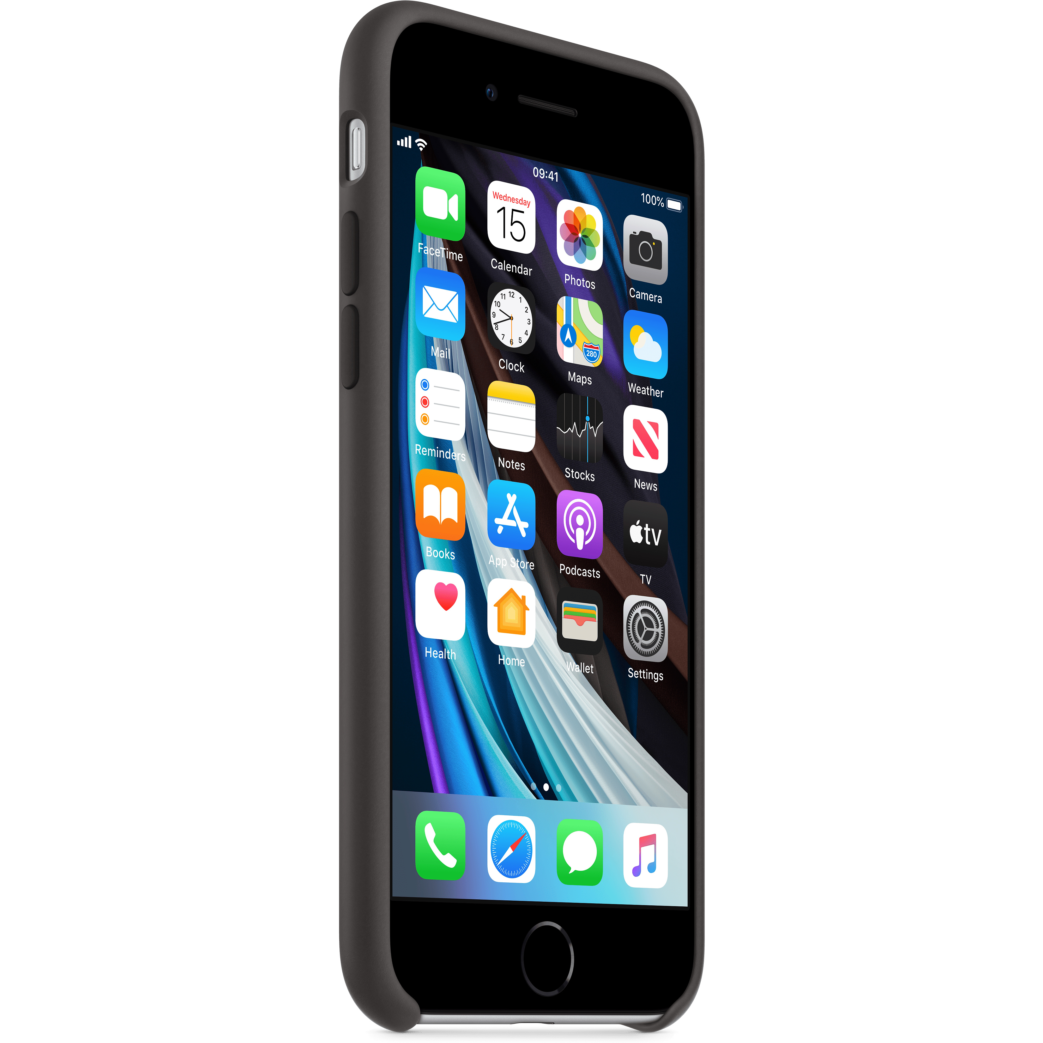 Ein schwarzes Telefon mit sichtbarem Startbildschirm, der verschiedene App-Symbole und das Datum zeigt.
