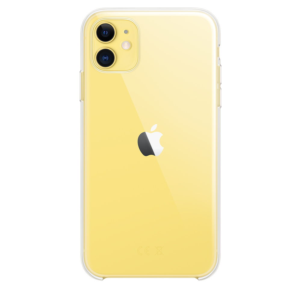 Ein gelbes iPhone mit transparentem Gehäuse. Das Telefon hat das Apple-Logo auf der Rückseite.