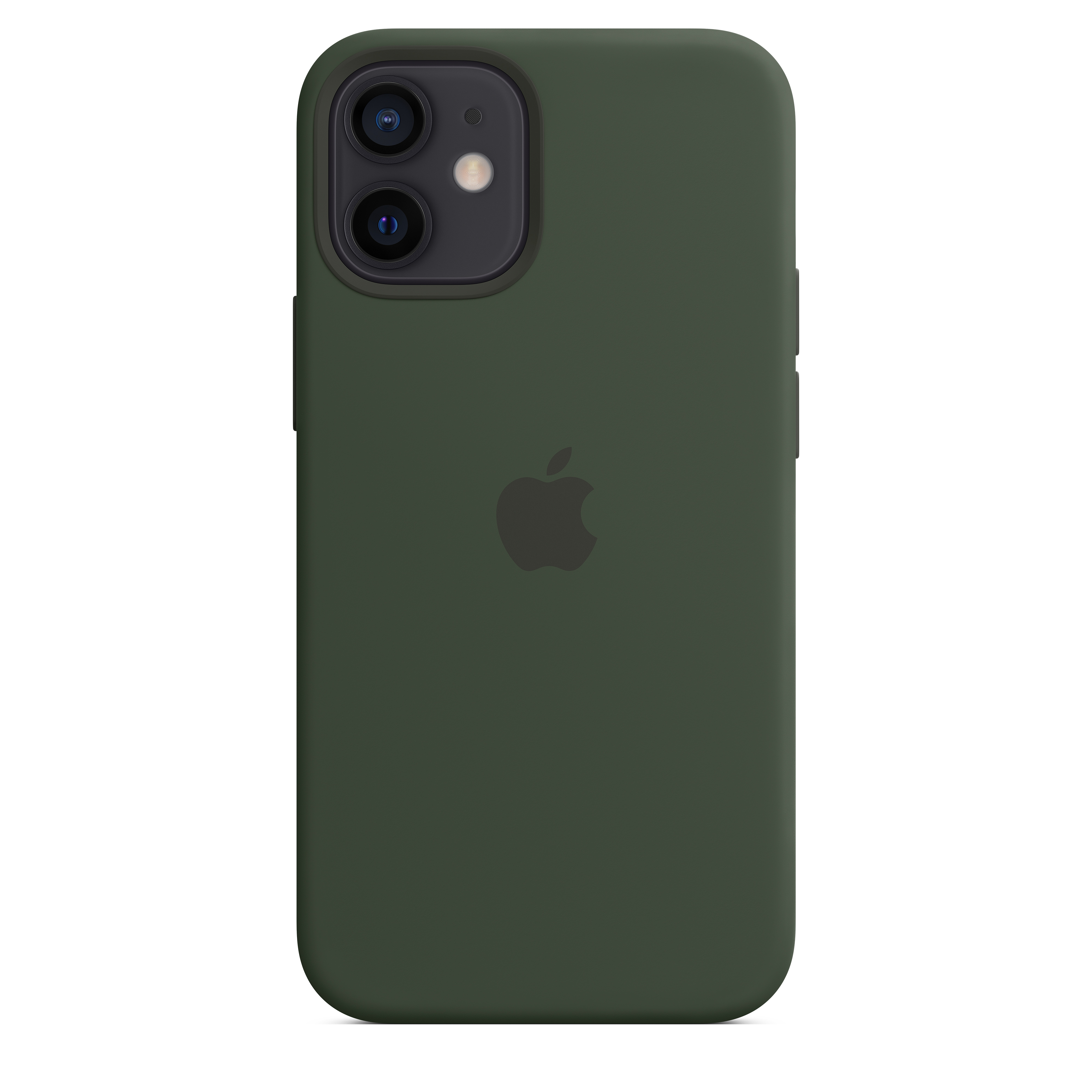 Zielone etui na telefon. Logo Apple na środku tyłu. Obiektywy aparatu u góry po lewej.