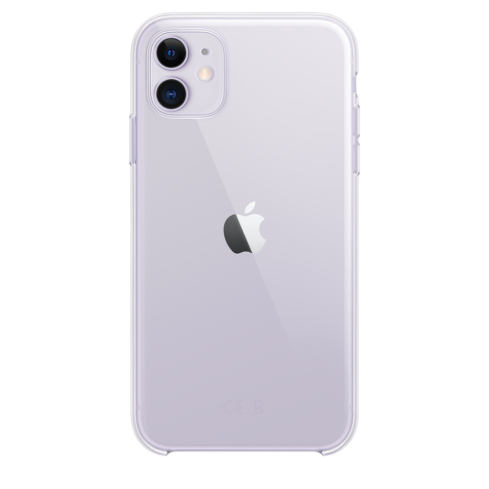 Rückseite eines lila iPhone 11 in einer durchsichtigen Hülle, mit Apple-Logo und Doppelkamera.