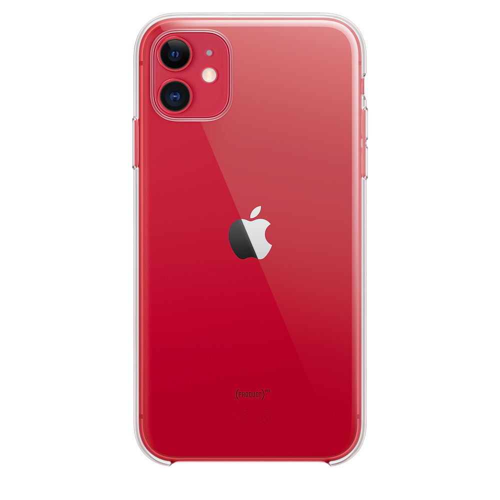 Ein rotes iPhone 11 in einer transparenten Hülle, mit sichtbarem Apple-Logo.