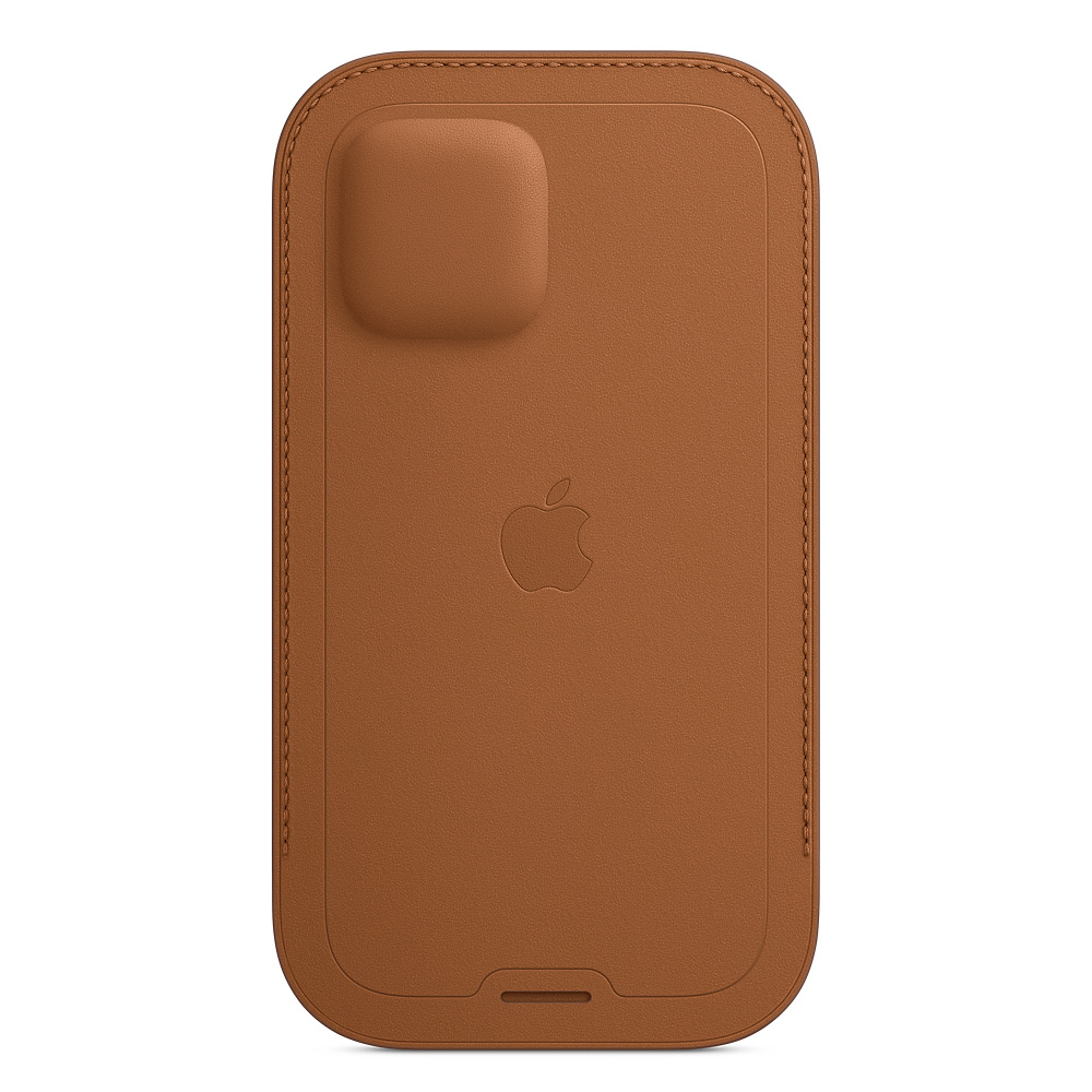 Bruine leren telefoonhoes met een uitsparing voor de camera en een gecentreerd Apple-logo.