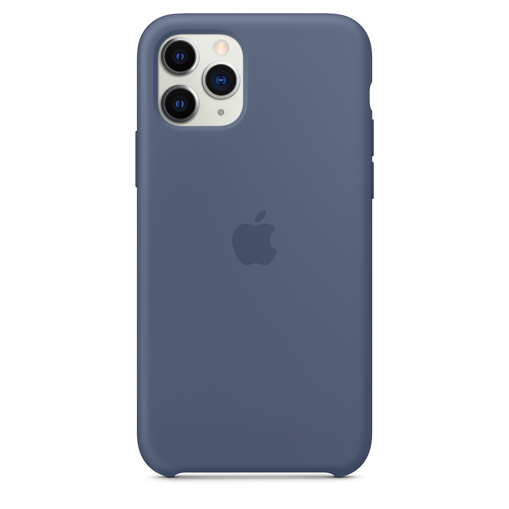 Blue iPhone in a blue case, with Apple logo visible.