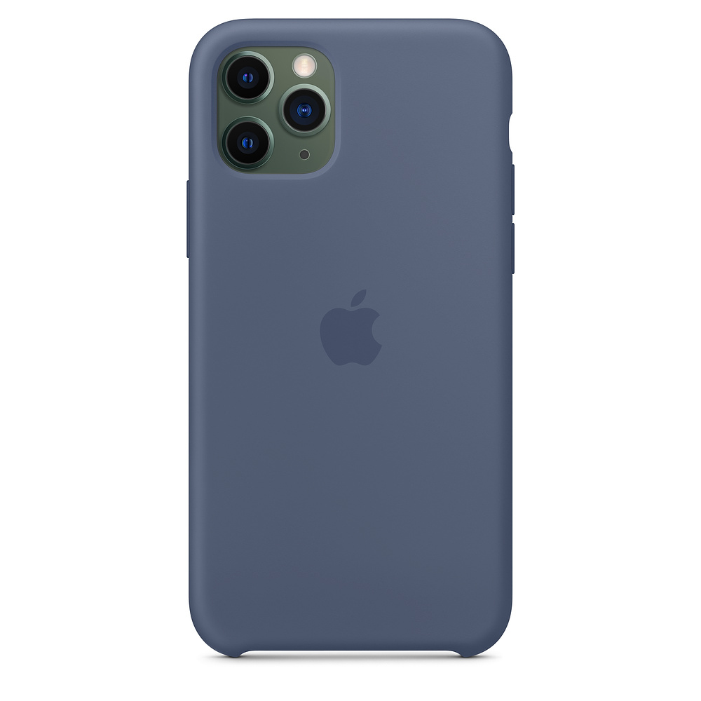 A blue phone with an Apple logo and three camera lenses. White background.