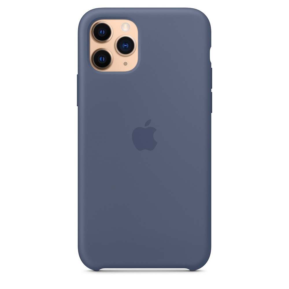 Blue Apple phone with three cameras. Back side view.