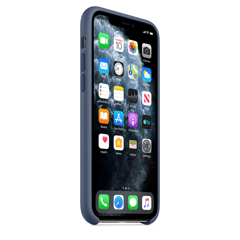 Phone in blue case, showing app icons on screen. White background.