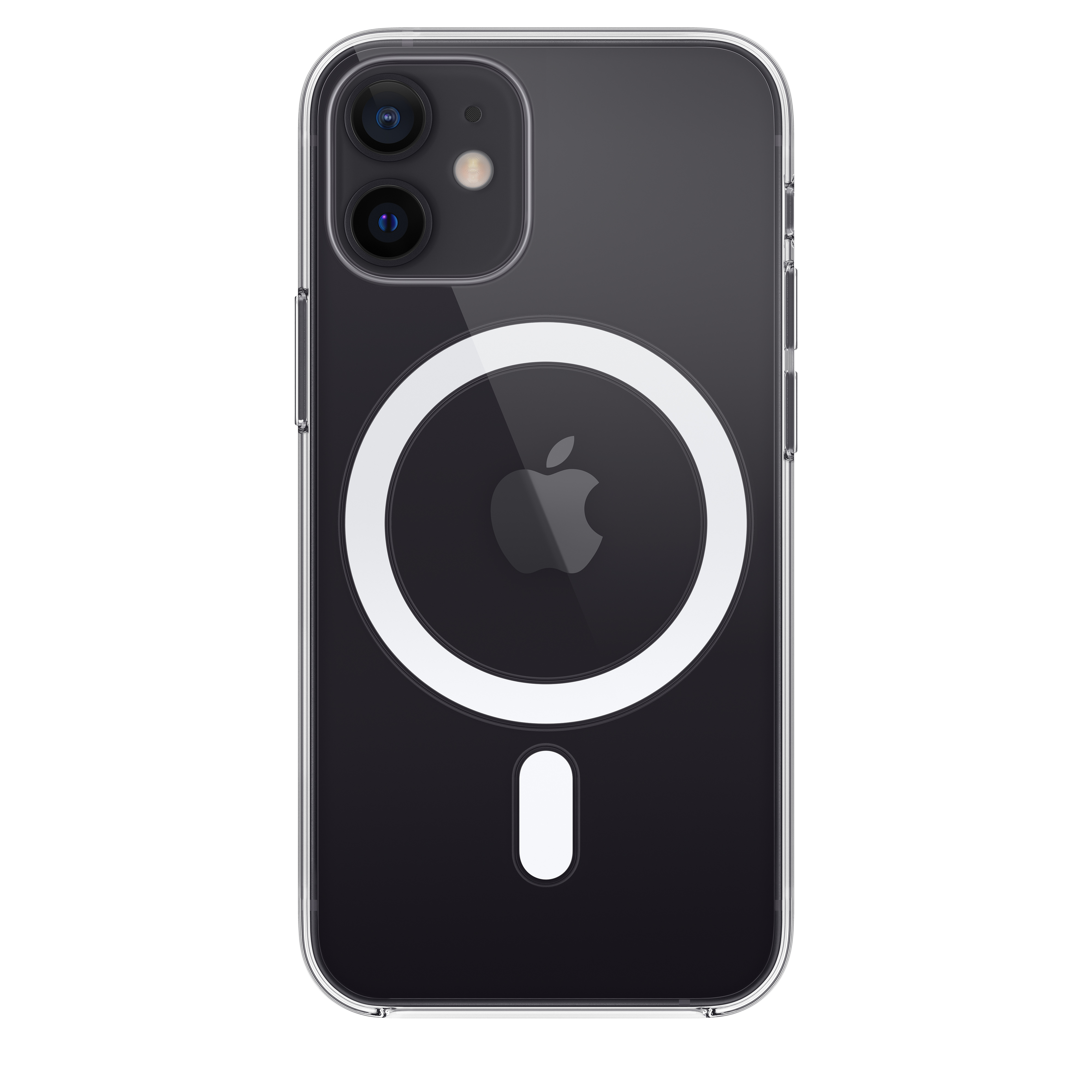 A clear phone case on a black iPhone. The case has a white MagSafe circle and a white vertical bar.