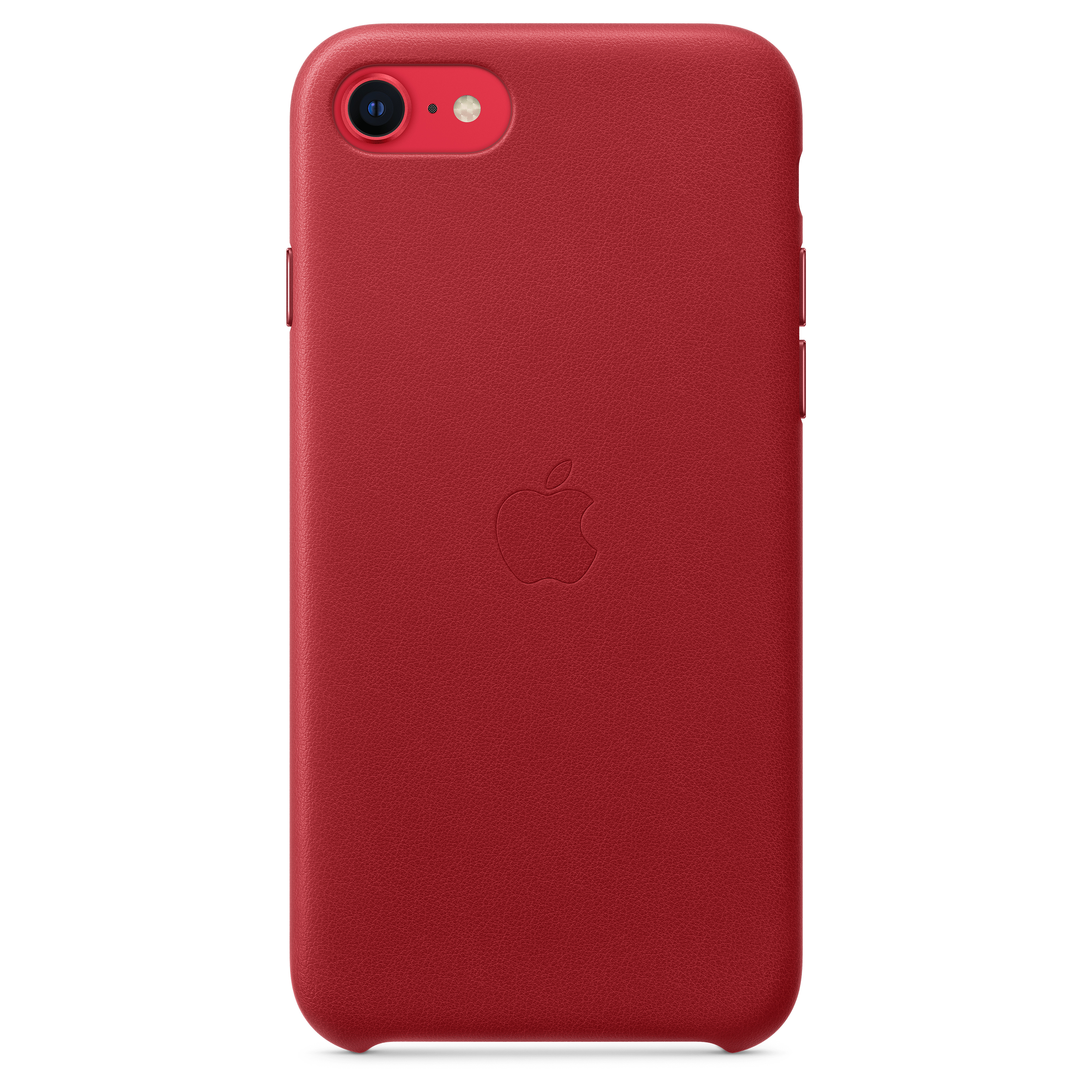 Red phone case with the Apple logo and camera setup.