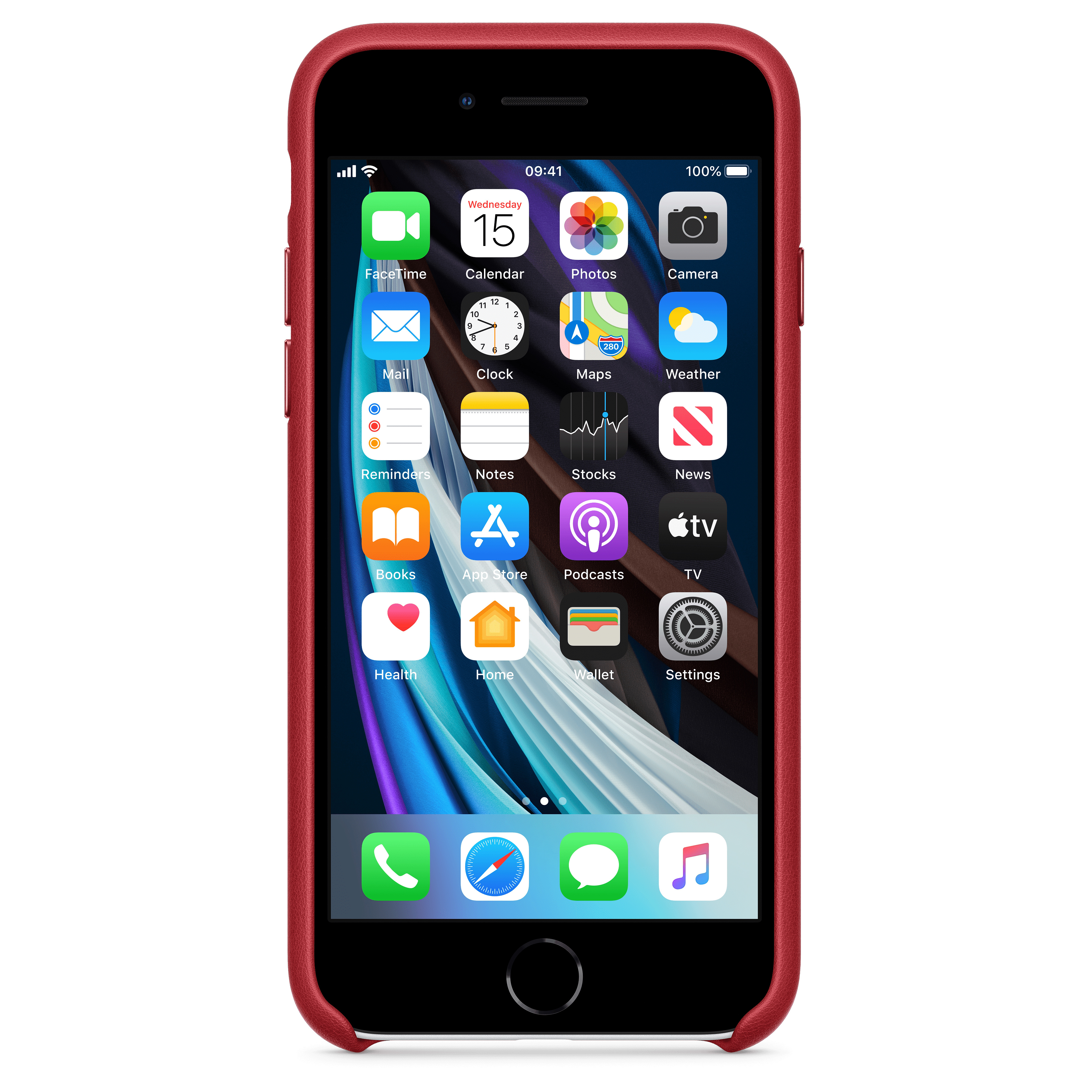 Red phone with app icons displayed on a white background.