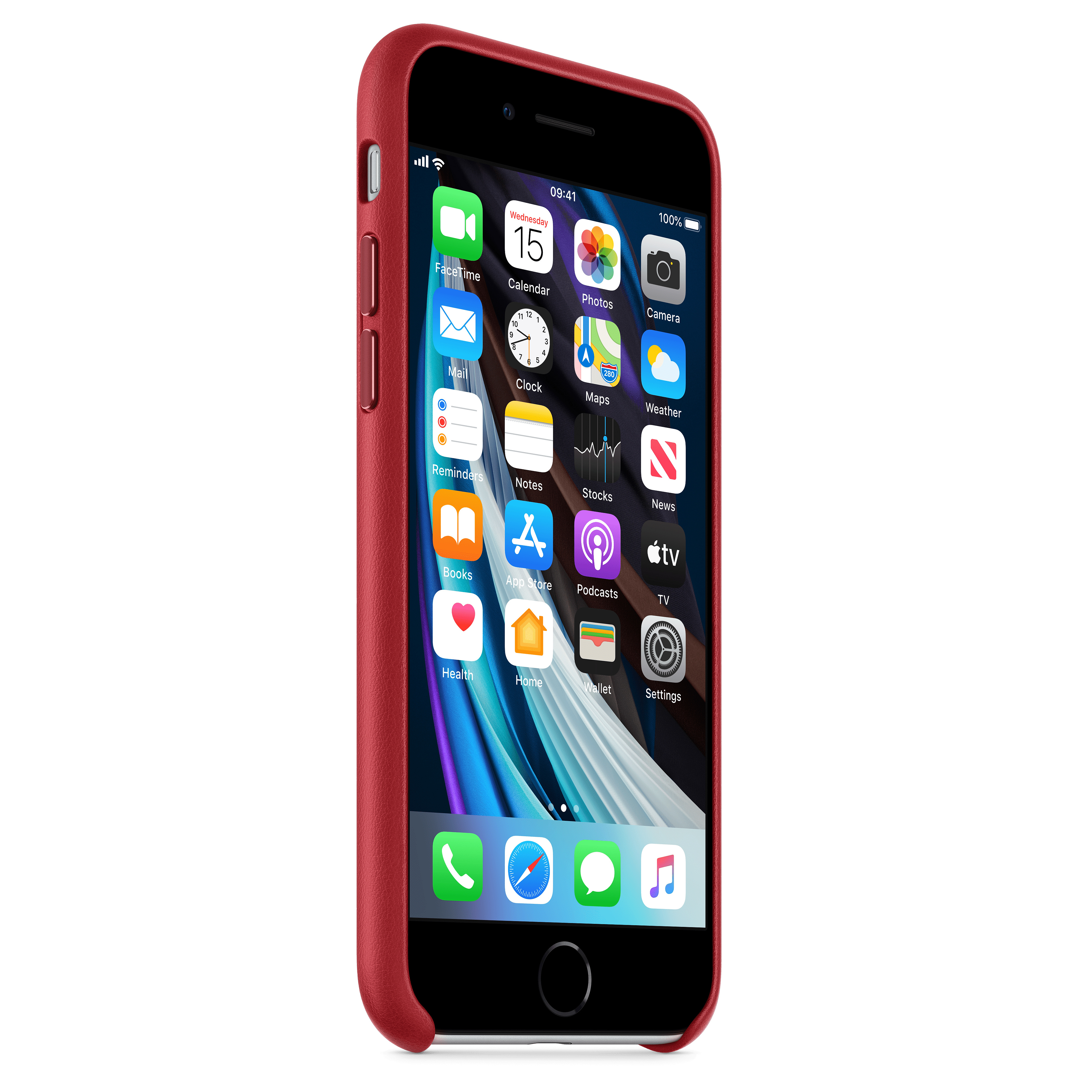 An iPhone in a red case displaying app icons on a black screen.