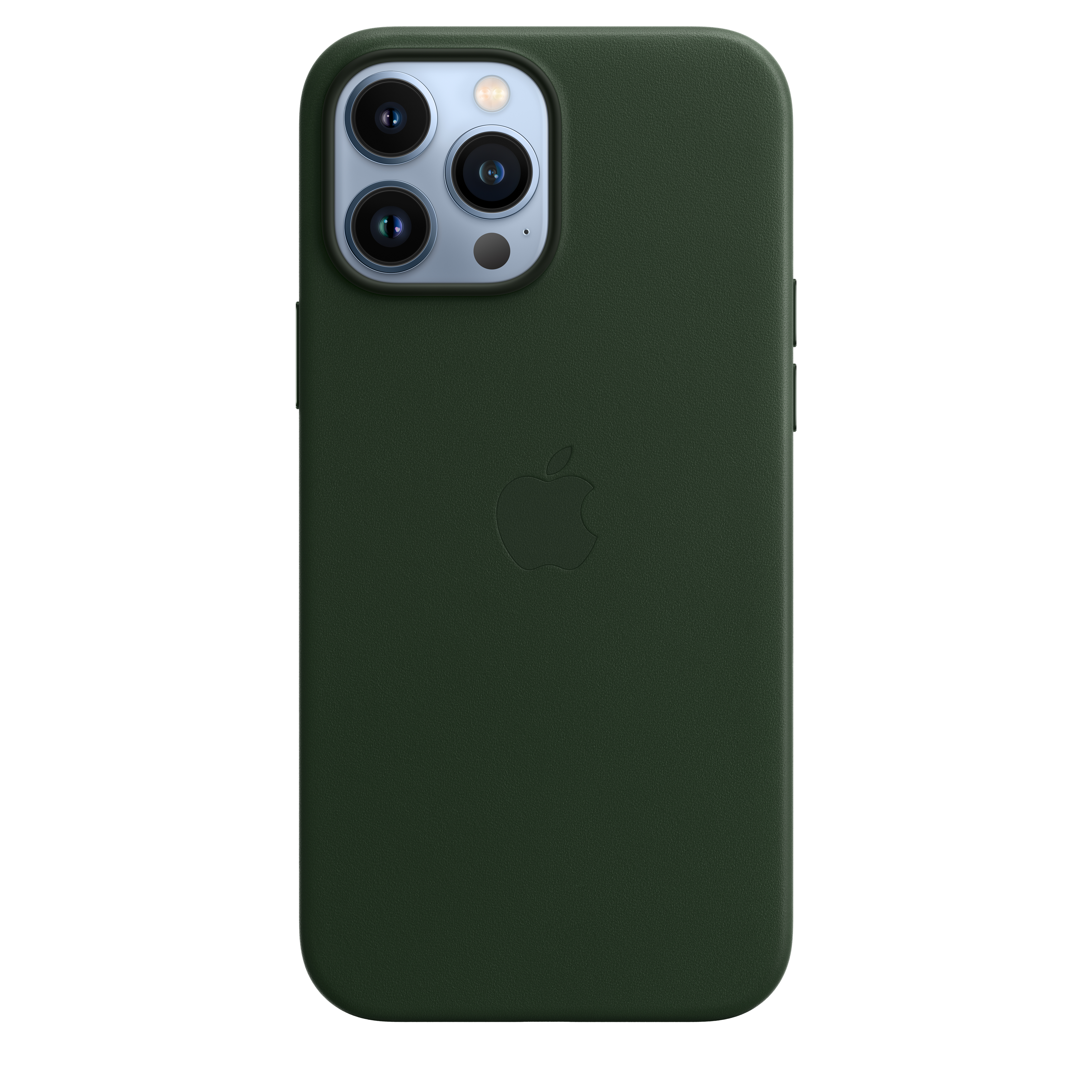 Green iPhone case with Apple logo. Background: white surface.
