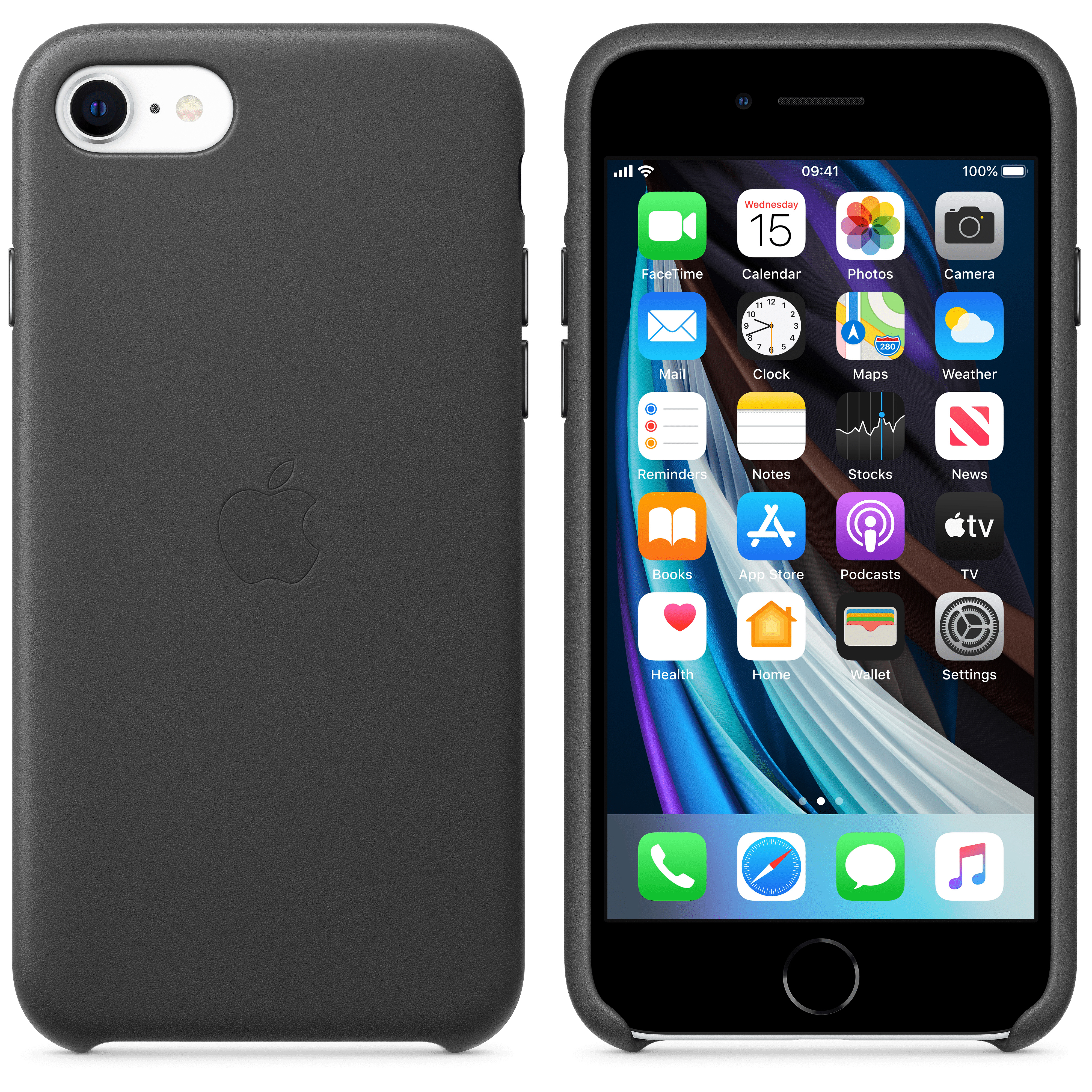 Black iPhone in a dark gray case. The phone displays a home screen with apps.