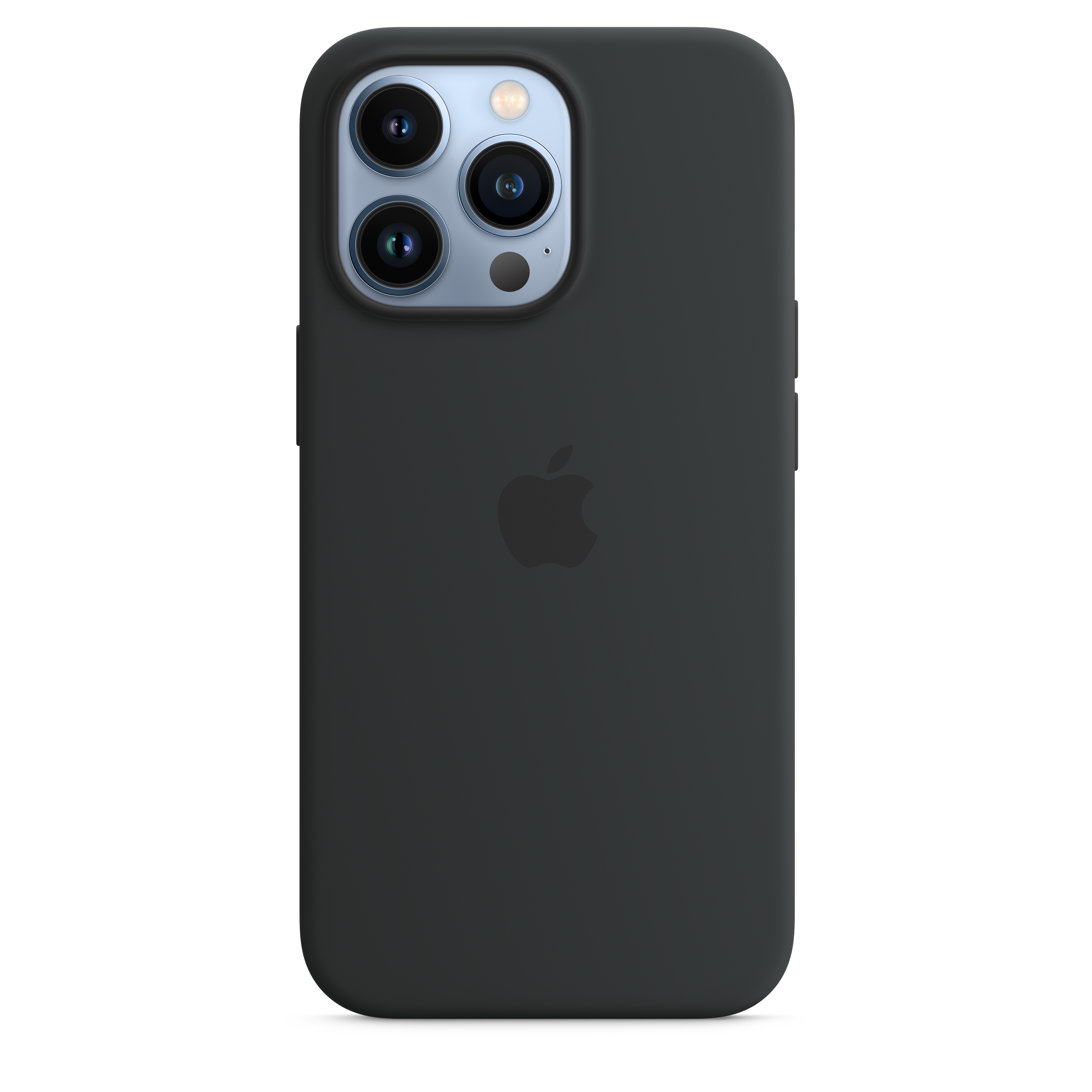 Een zwarte telefoon met een hoesje en een camera met drie lenzen.