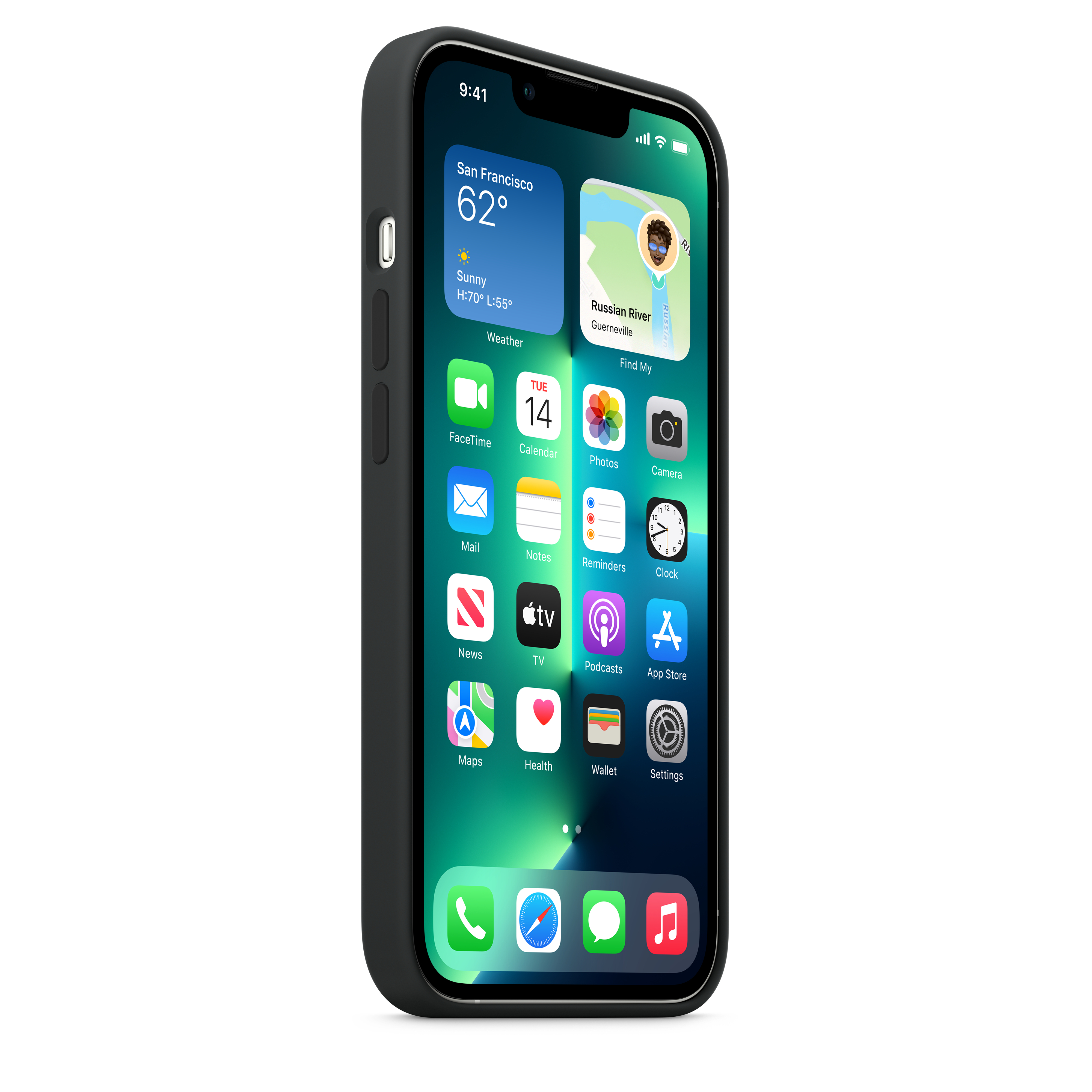 Een zwarte iPhone in een hoesje, met het beginscherm met weer en app-iconen.