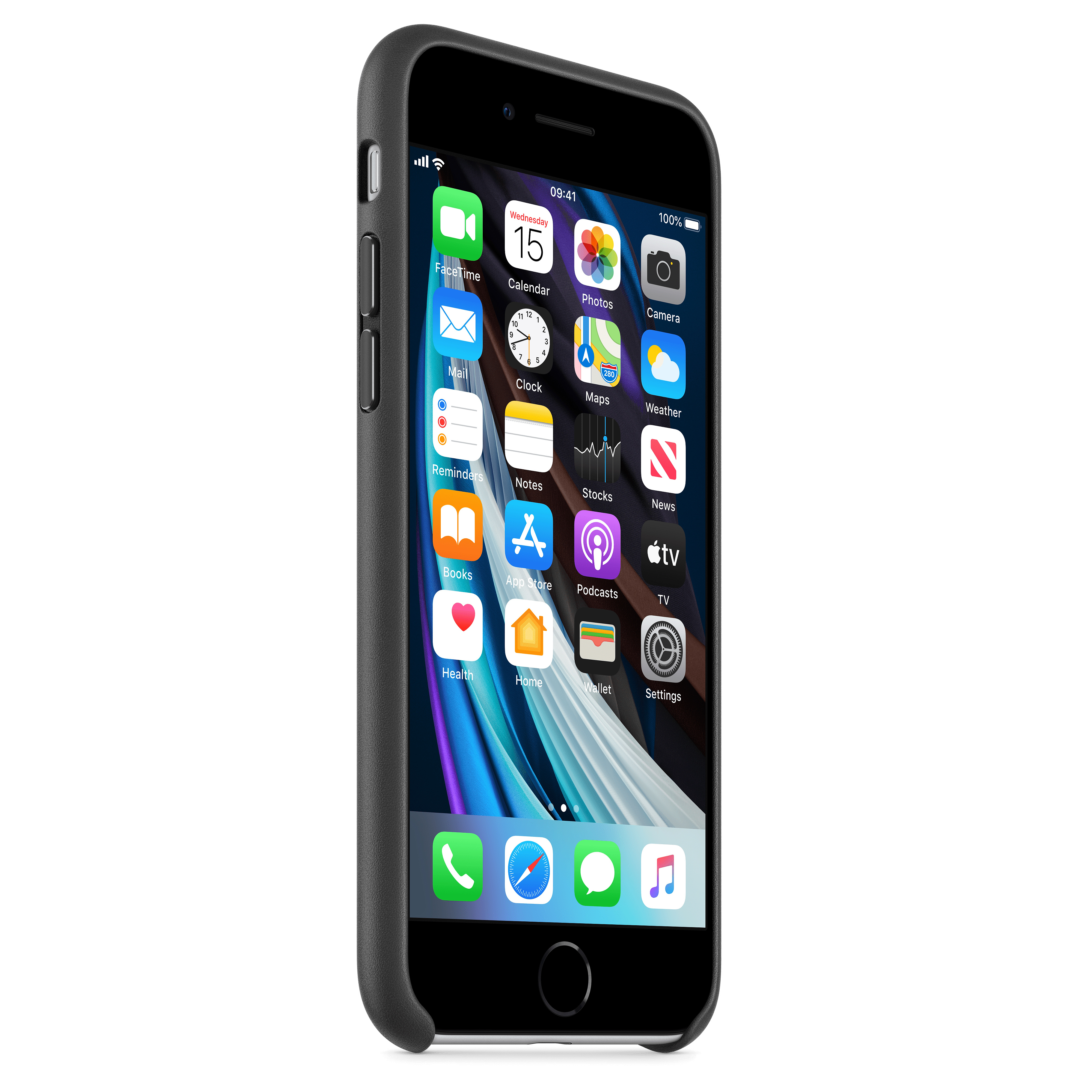 A black iPhone with a black case, displaying the home screen with various app icons.
