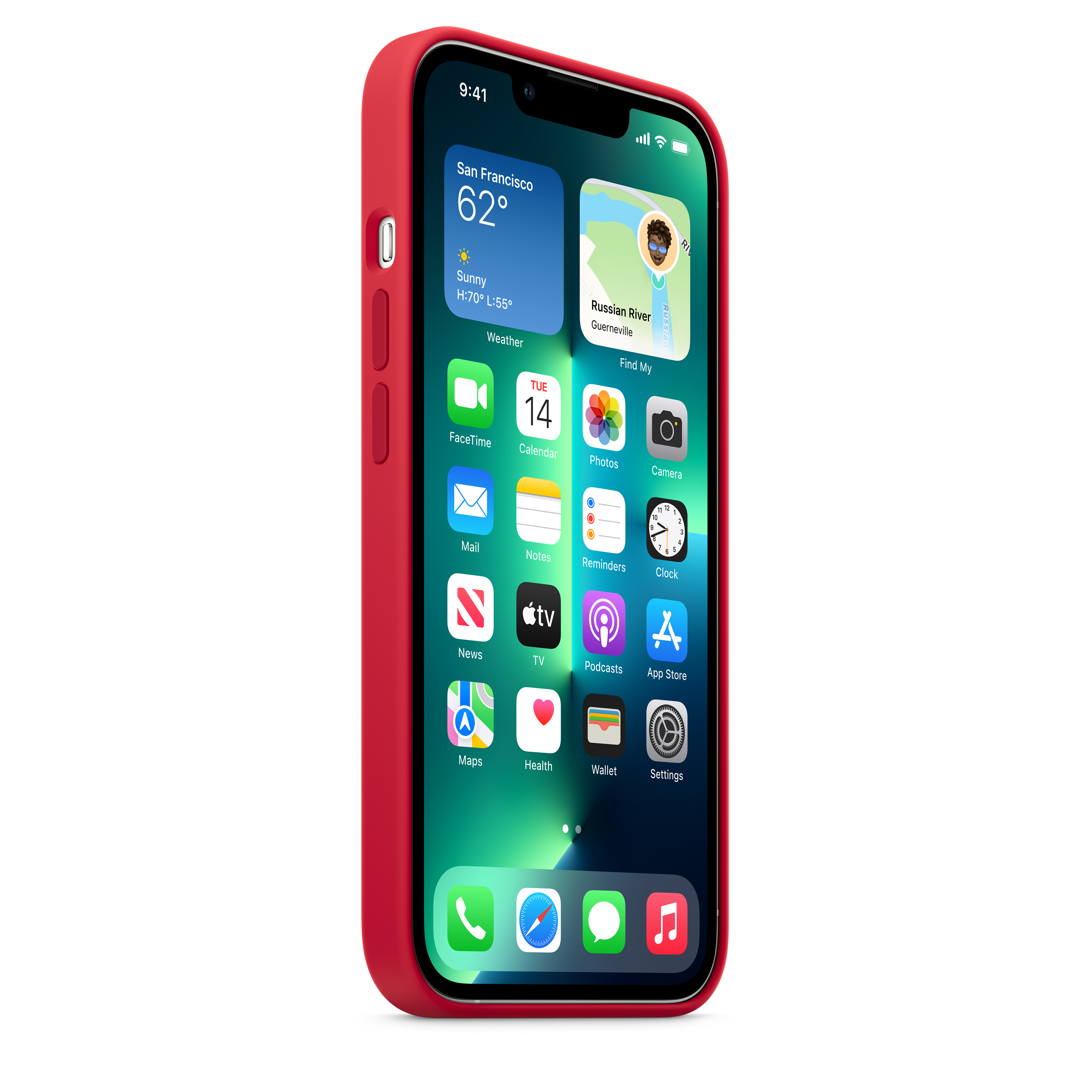 Ein iPhone in roter Hülle, das den Startbildschirm mit Apps und Zeitanzeige zeigt.