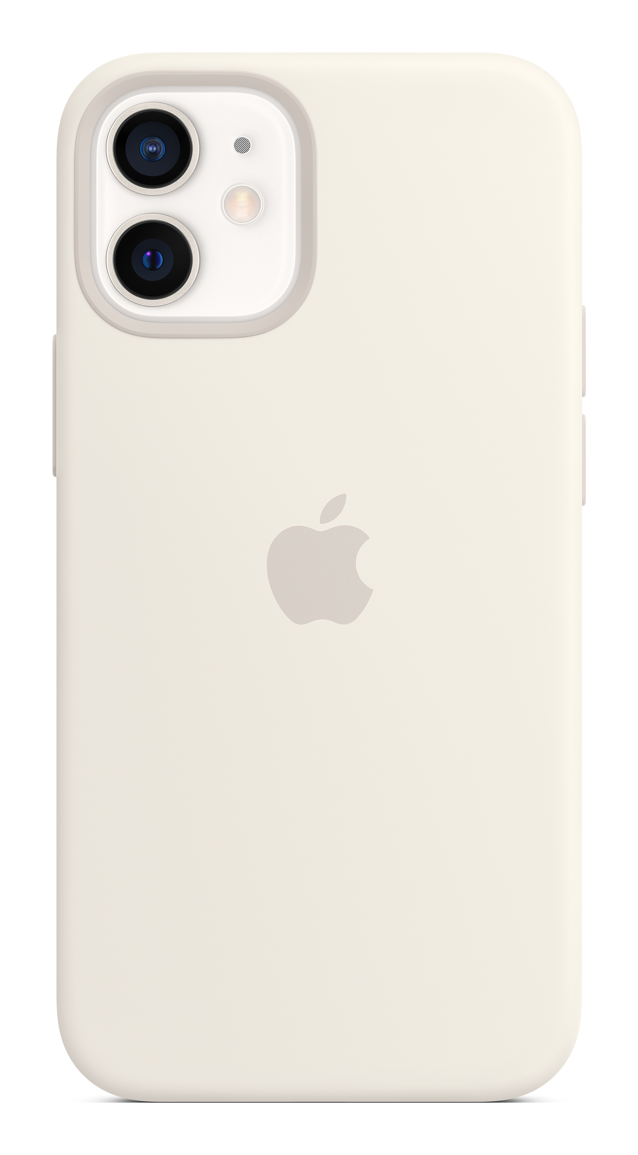 Kremowe etui na iPhone'a z logo Apple. Podwójny aparat, biała ramka. Białe tło.