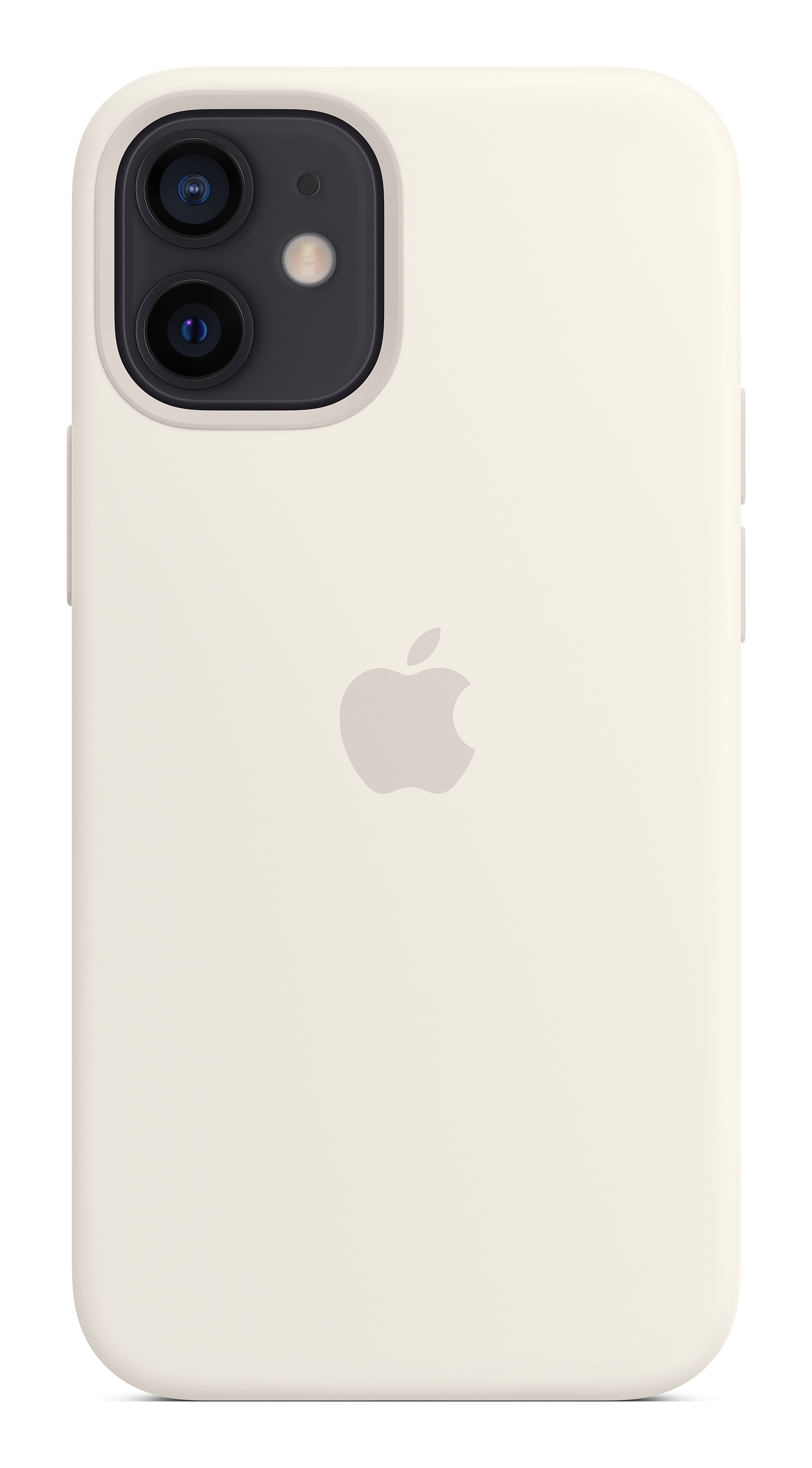 iPhone 12 w kremowym etui z białym logo Apple.