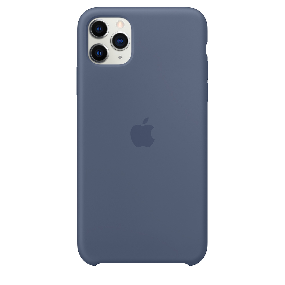 Custodia blu per iPhone con logo Apple, su sfondo bianco.