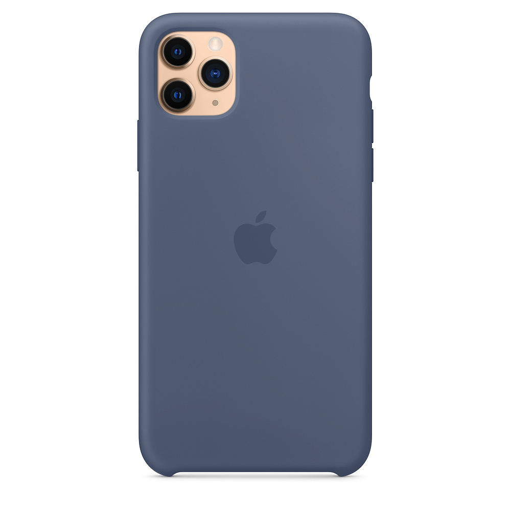 Custodia blu per telefono con logo Apple, tre obiettivi della fotocamera.