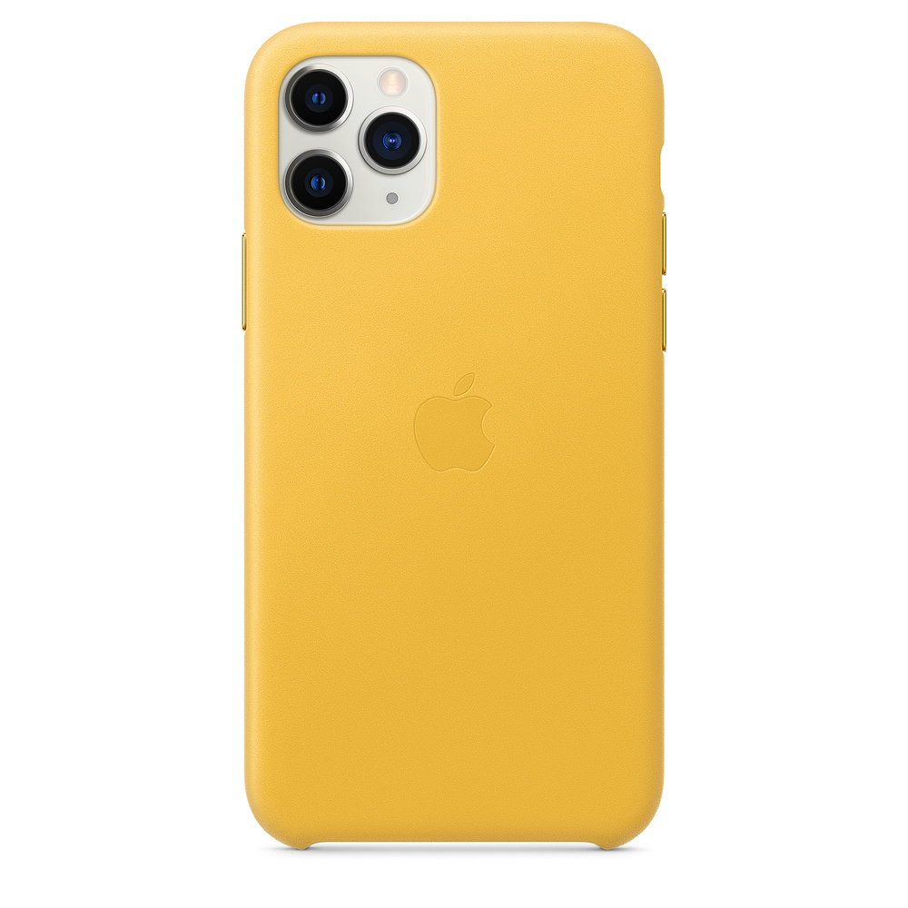 Yellow iPhone case with Apple logo. The camera lenses are visible at the top.