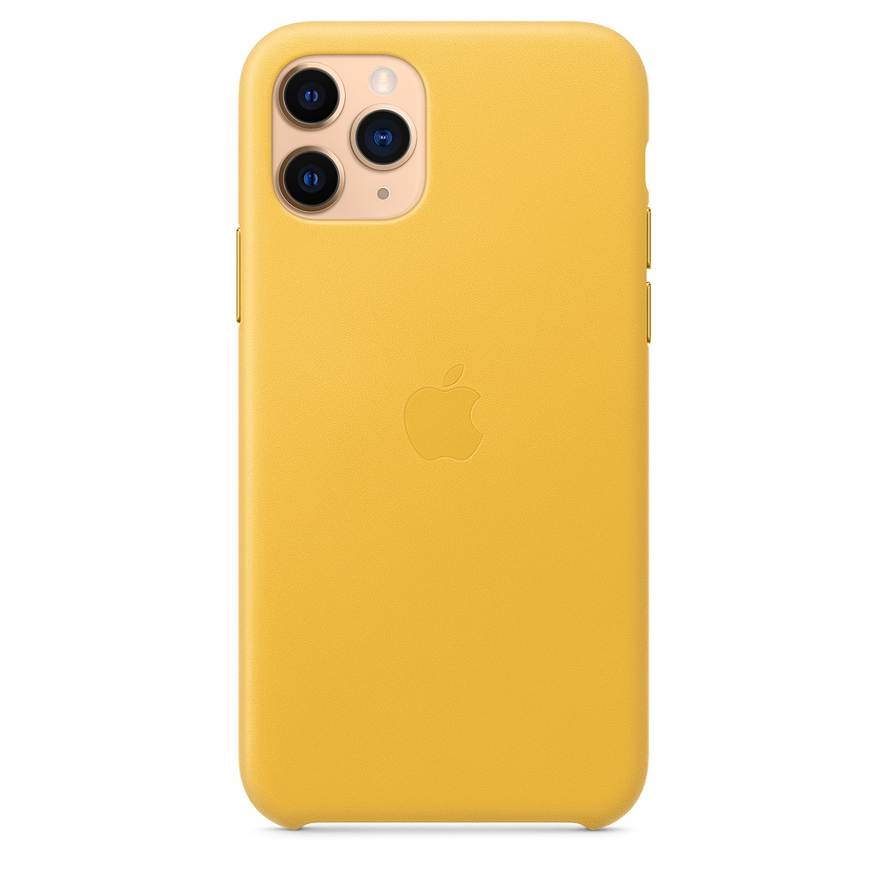 Yellow iPhone case with Apple logo. The camera lenses are visible at the top.