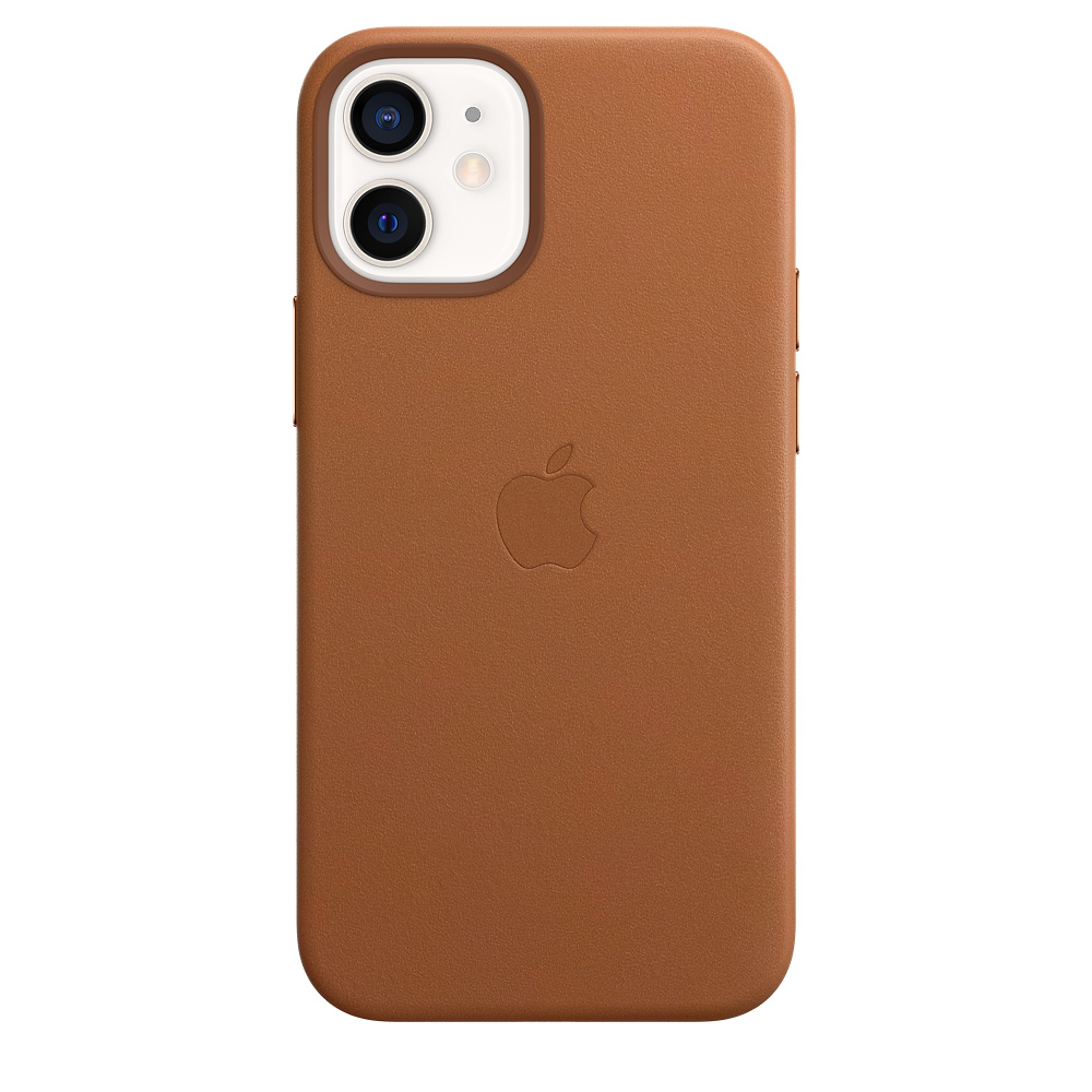Brązowe skórzane etui na iPhone z wytłoczonym logo Apple, pochylone w prawo.