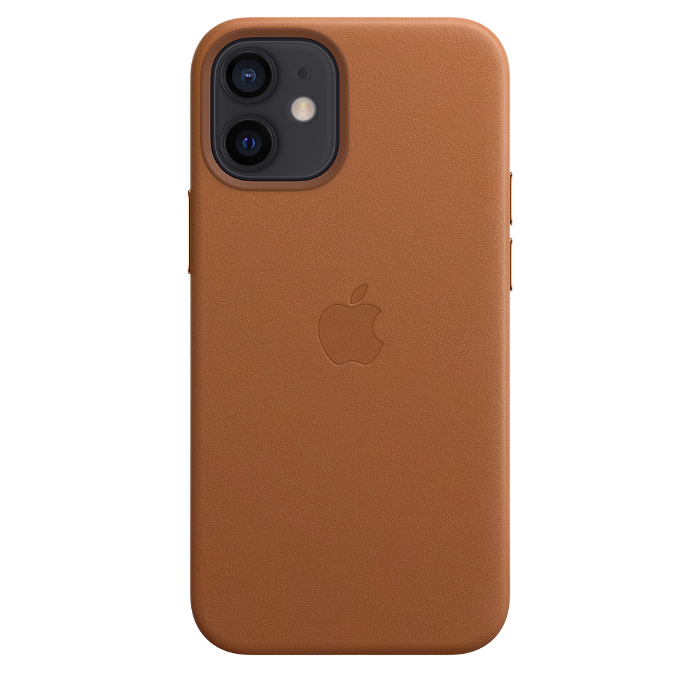 Brązowe skórzane etui na telefon z logo Apple, odizolowane na białym tle.