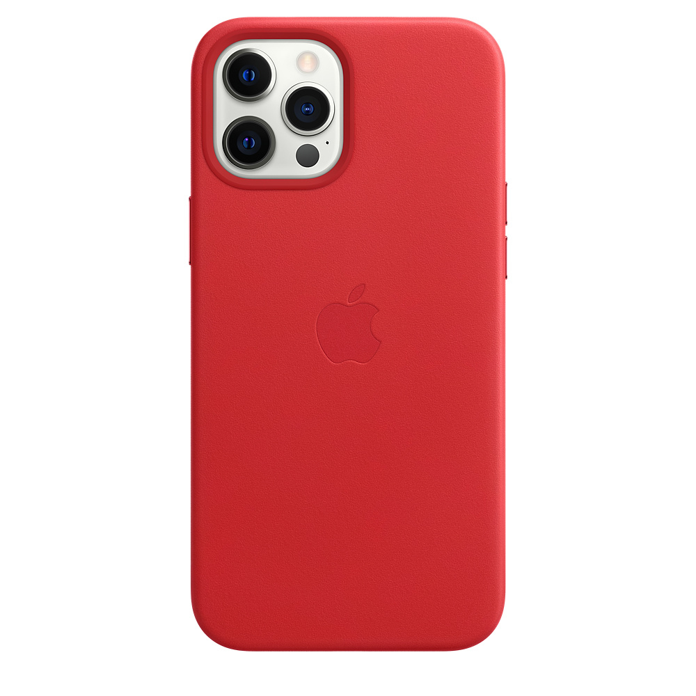 Red leather iPhone case with Apple logo and camera.