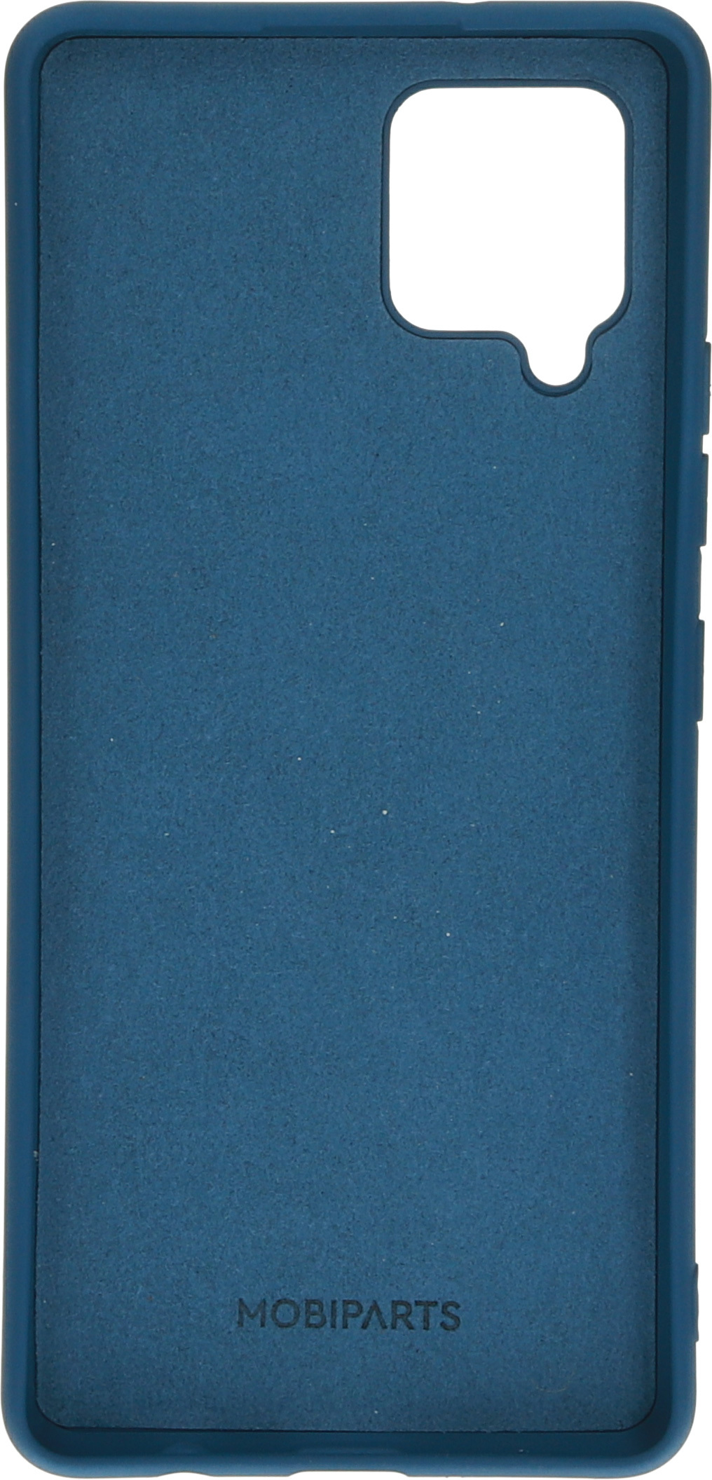 Blauw telefoonhoesje interieur. De binnenkant van de telefoonhoes is viltachtig en heeft de merknaam Mobiparts.