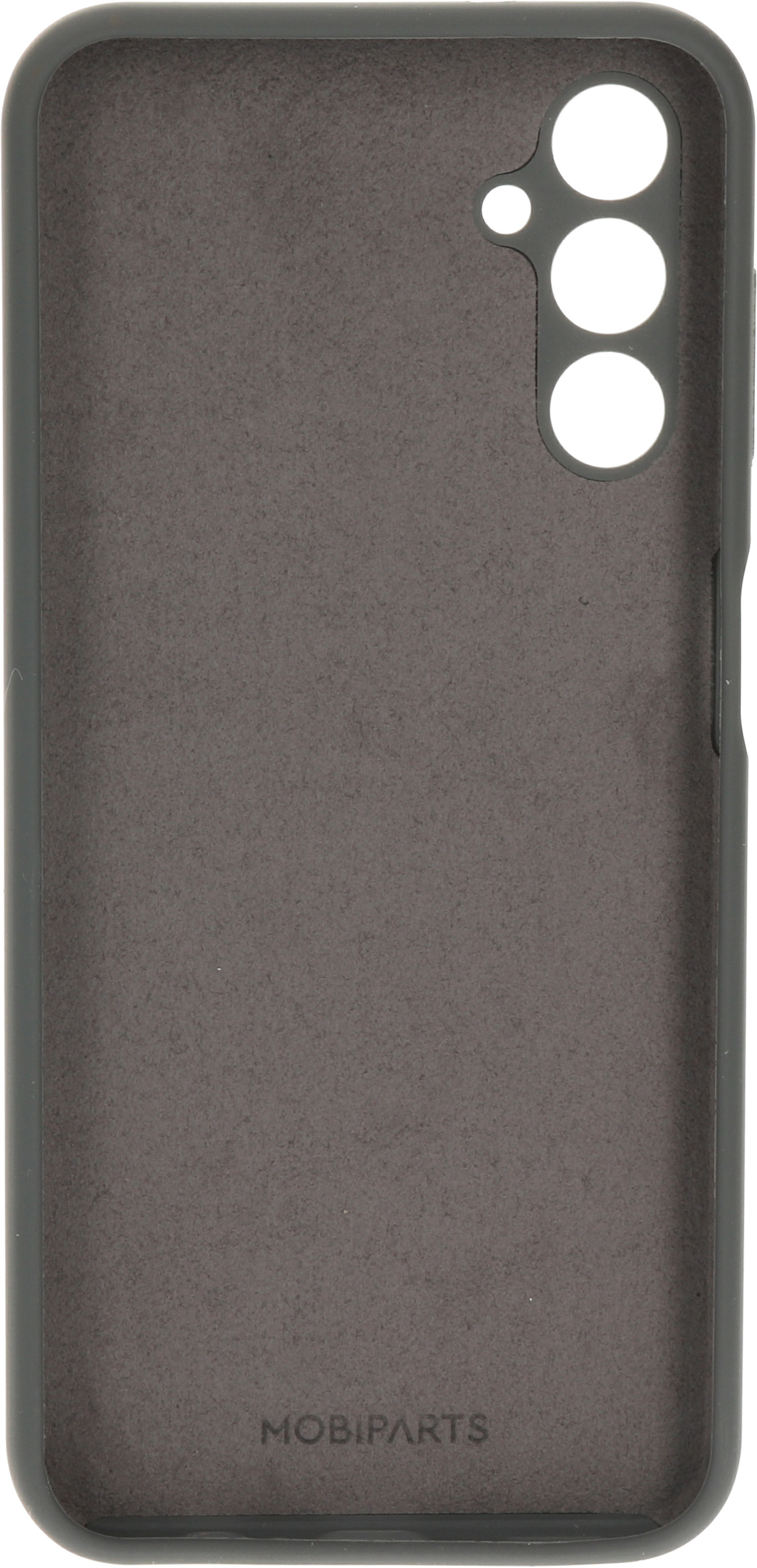 Grijs telefoonhoesje interieur. De binnenkant van de telefoonhoes is viltachtig en heeft de merknaam Mobiparts.