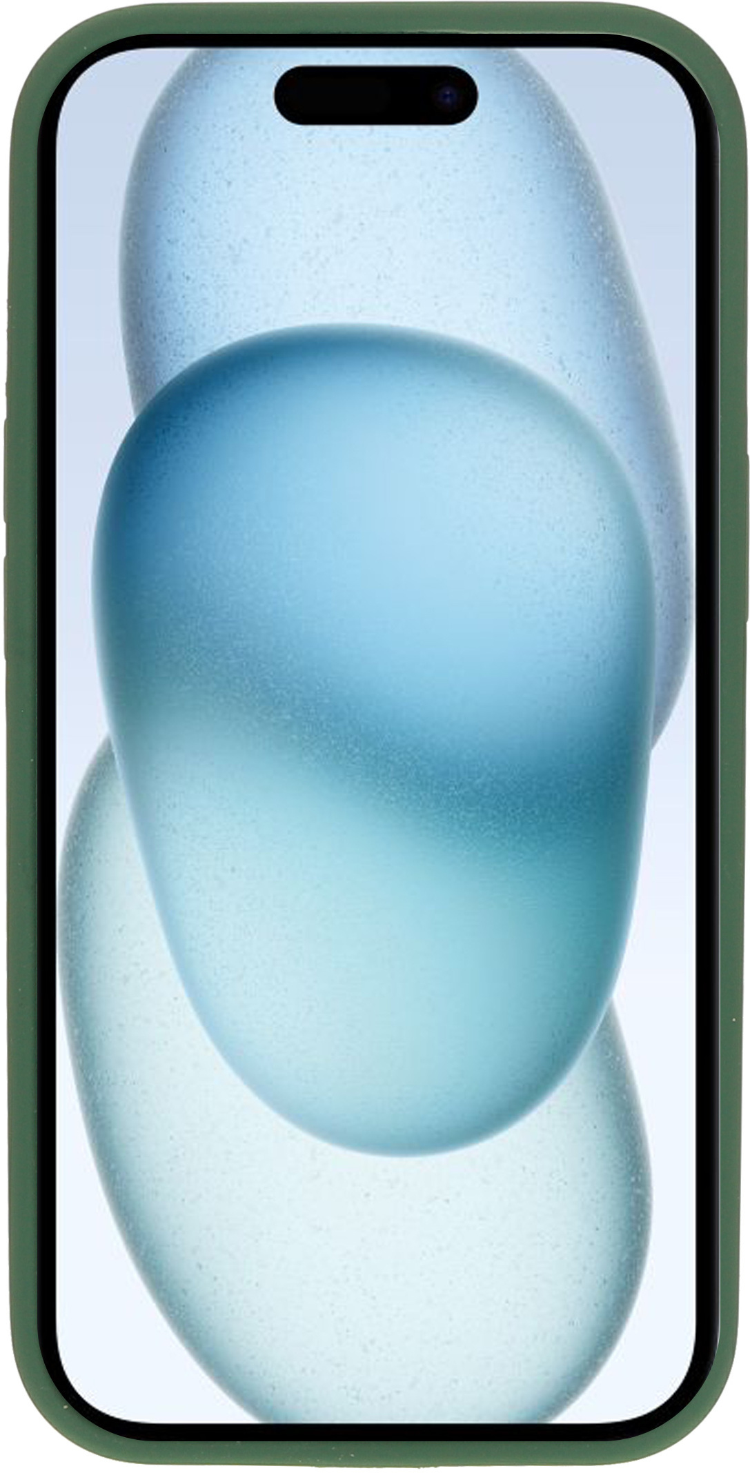 Telefoon in een groene case met abstracte blauwe vormen op het scherm. Vervaagd.