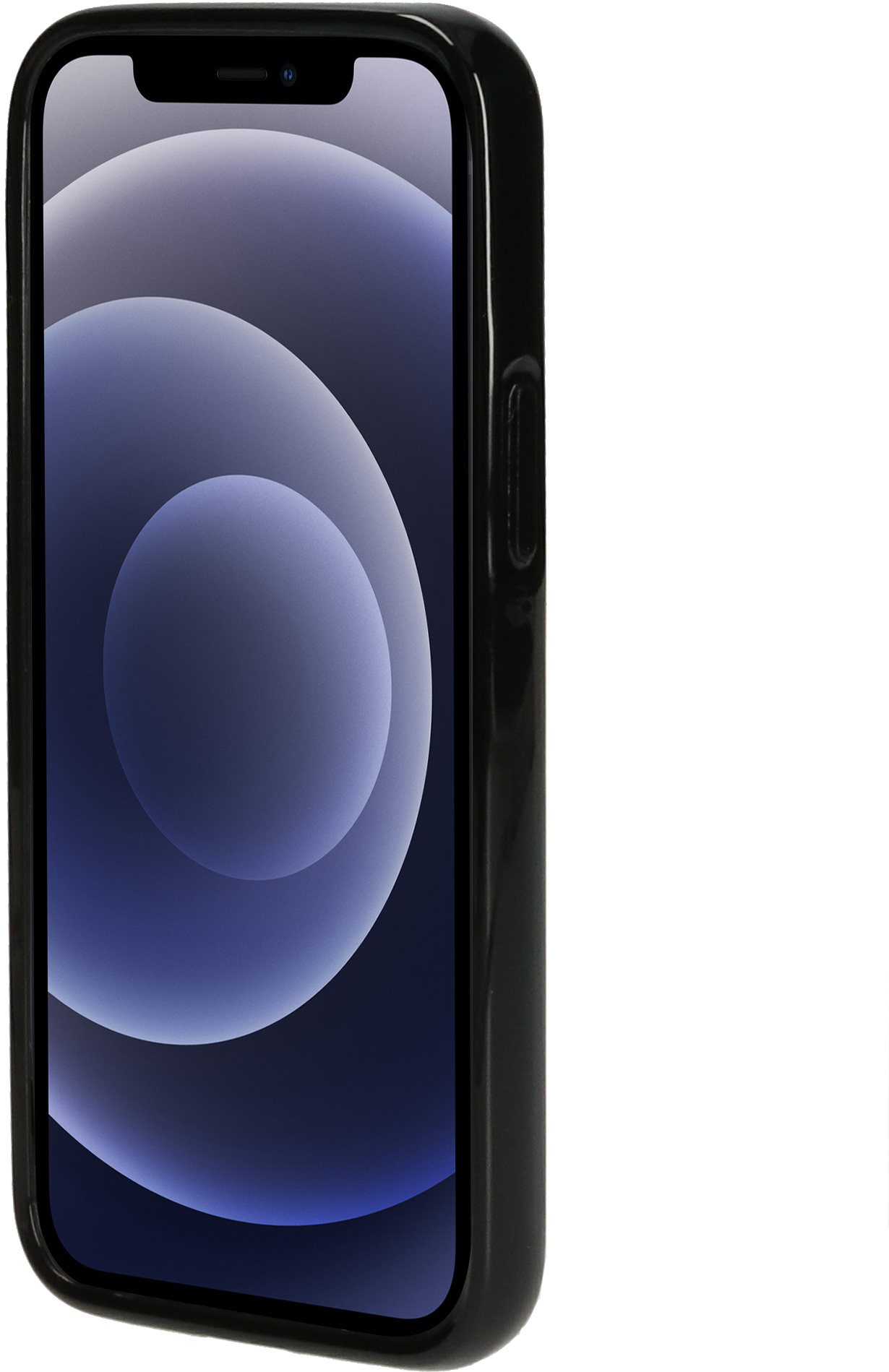 Zwarte telefoonhoes op witte achtergrond. Toont telefoonscherm.