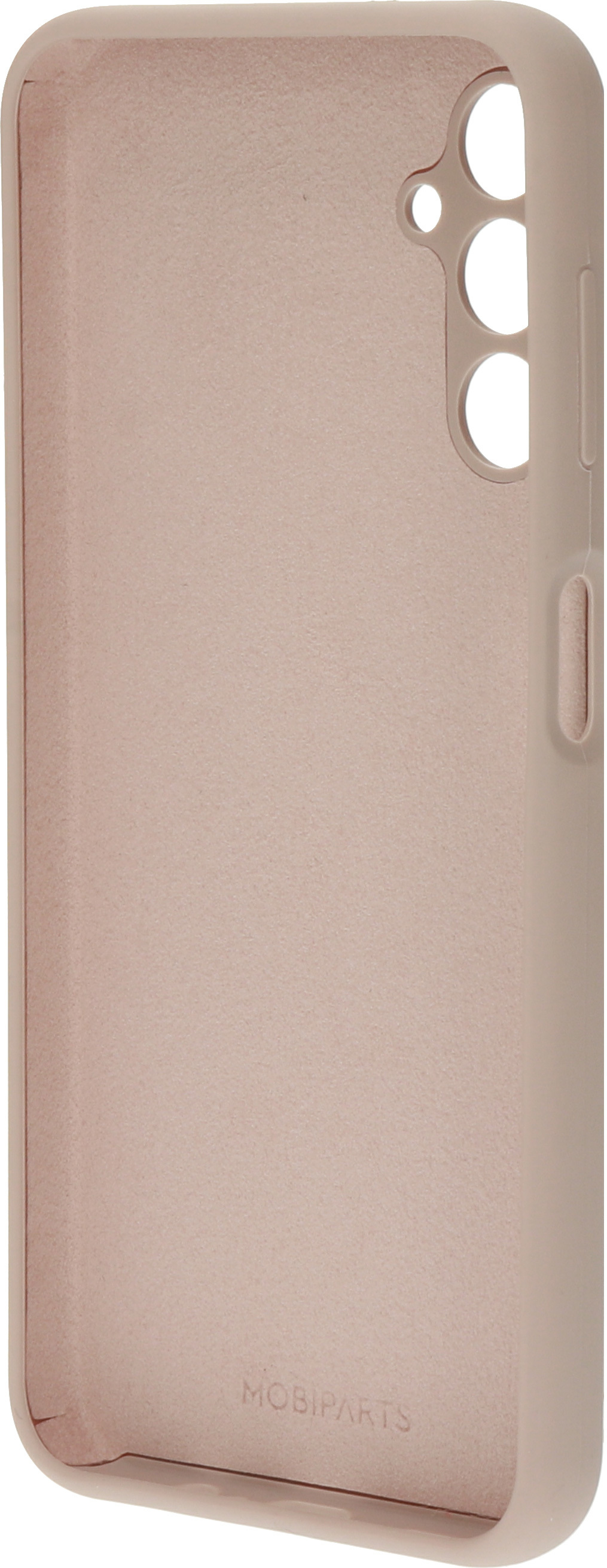 Een telefoonhoesje, lichtroze, met de merknaam MOBIPARTS. Zijkant heeft gaten.