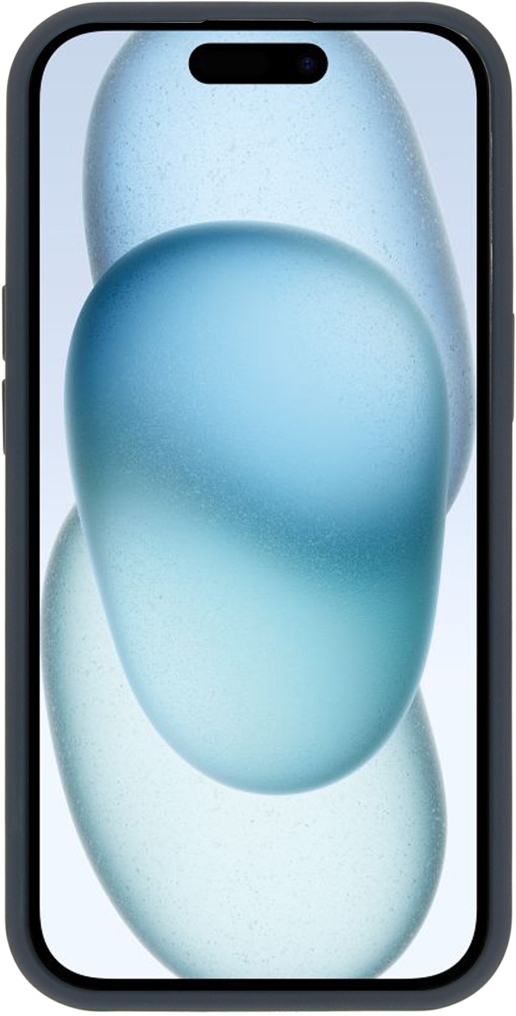 Telefoon in een donkere case met abstracte blauwe vormen op het scherm. Vervaagd.
