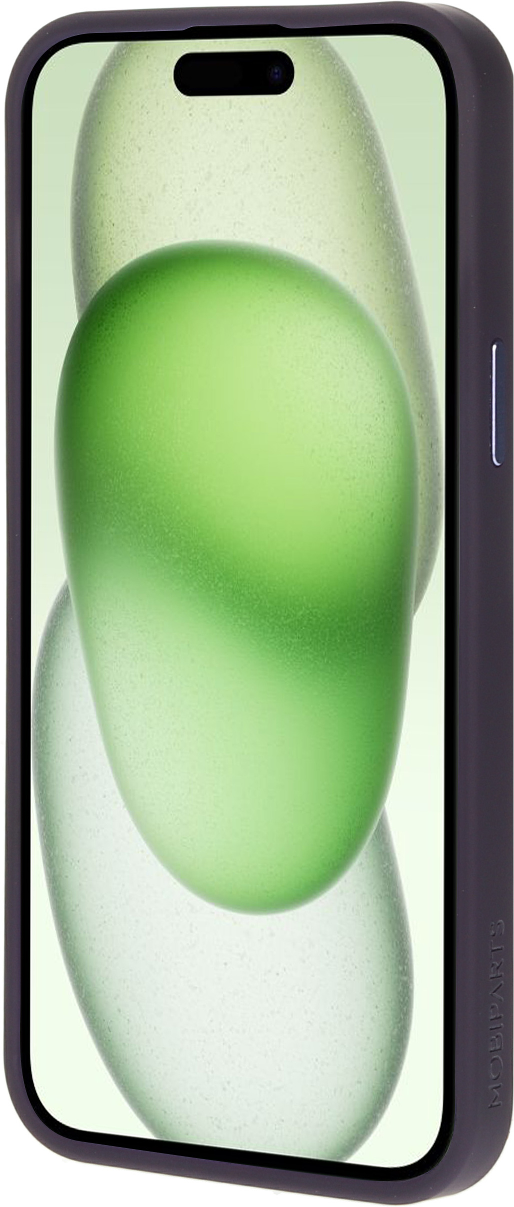 Telefoon in een grijze case, met een vage groene en witte achtergrond met een groene vlek.
