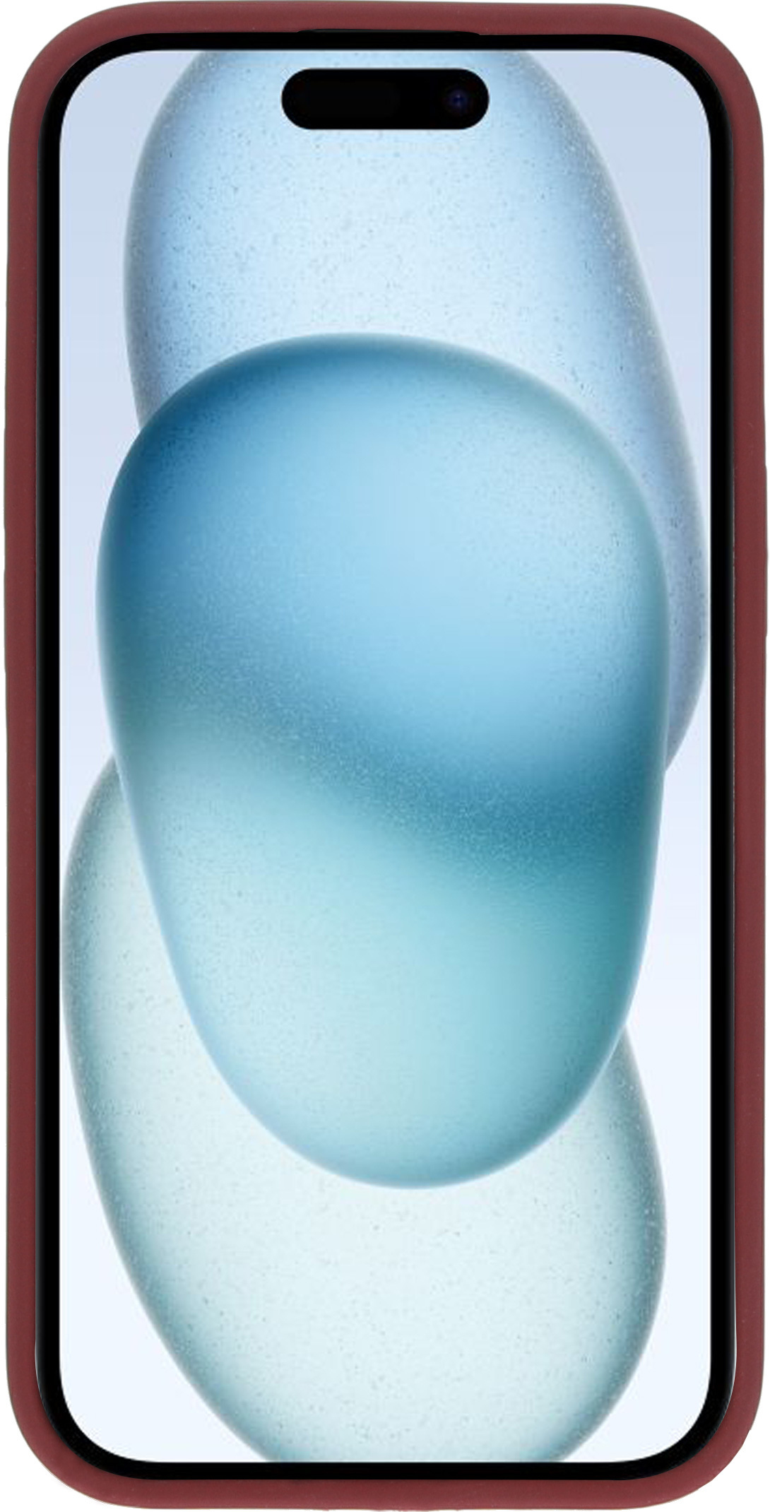 Telefoon in een bruine hoes. Scherm toont blauwe abstracte vormen op een witte achtergrond.
