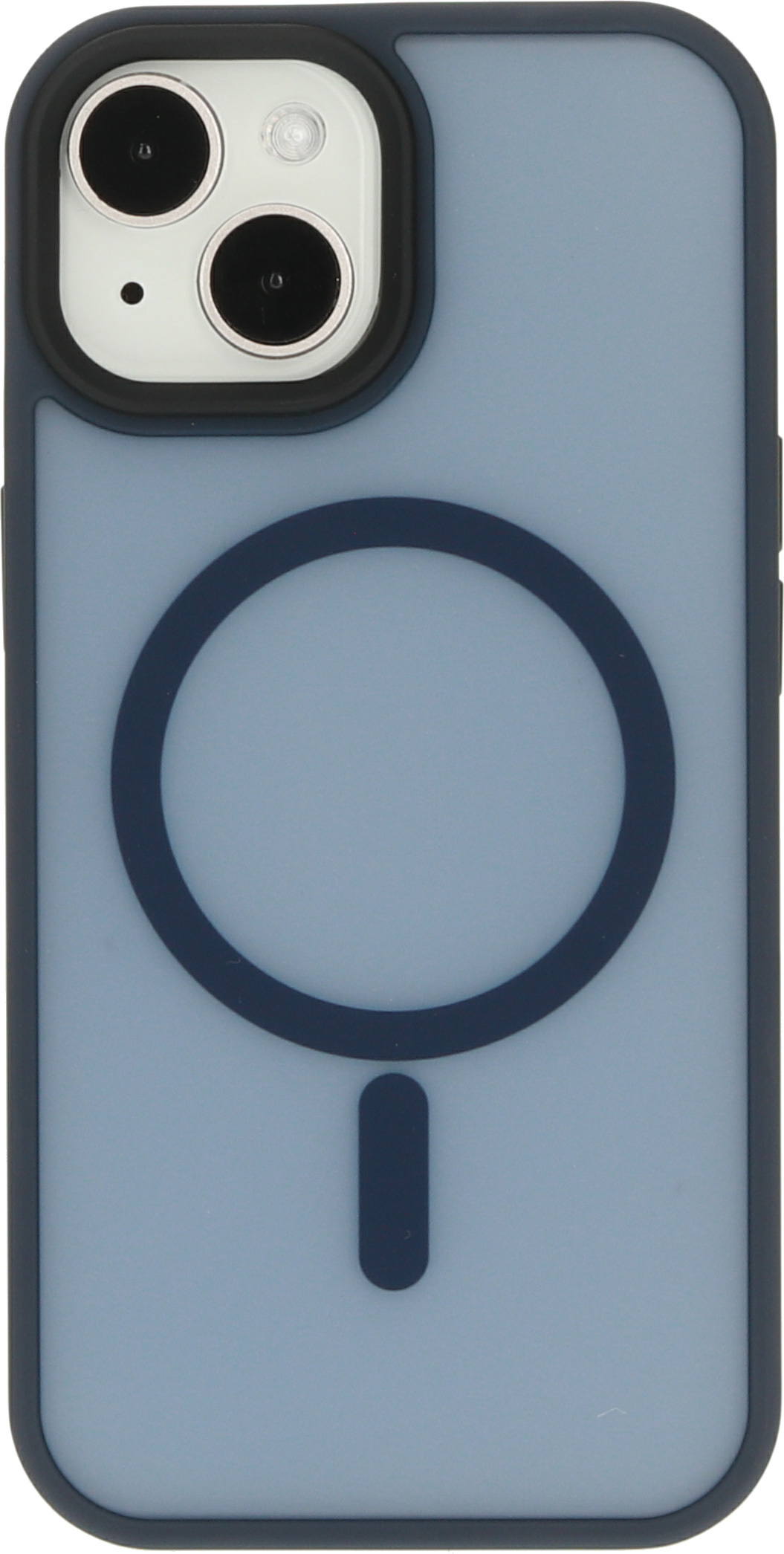 Blauw telefoonhoesje met een cirkelvormig kenmerk en een lijn aan de onderkant.