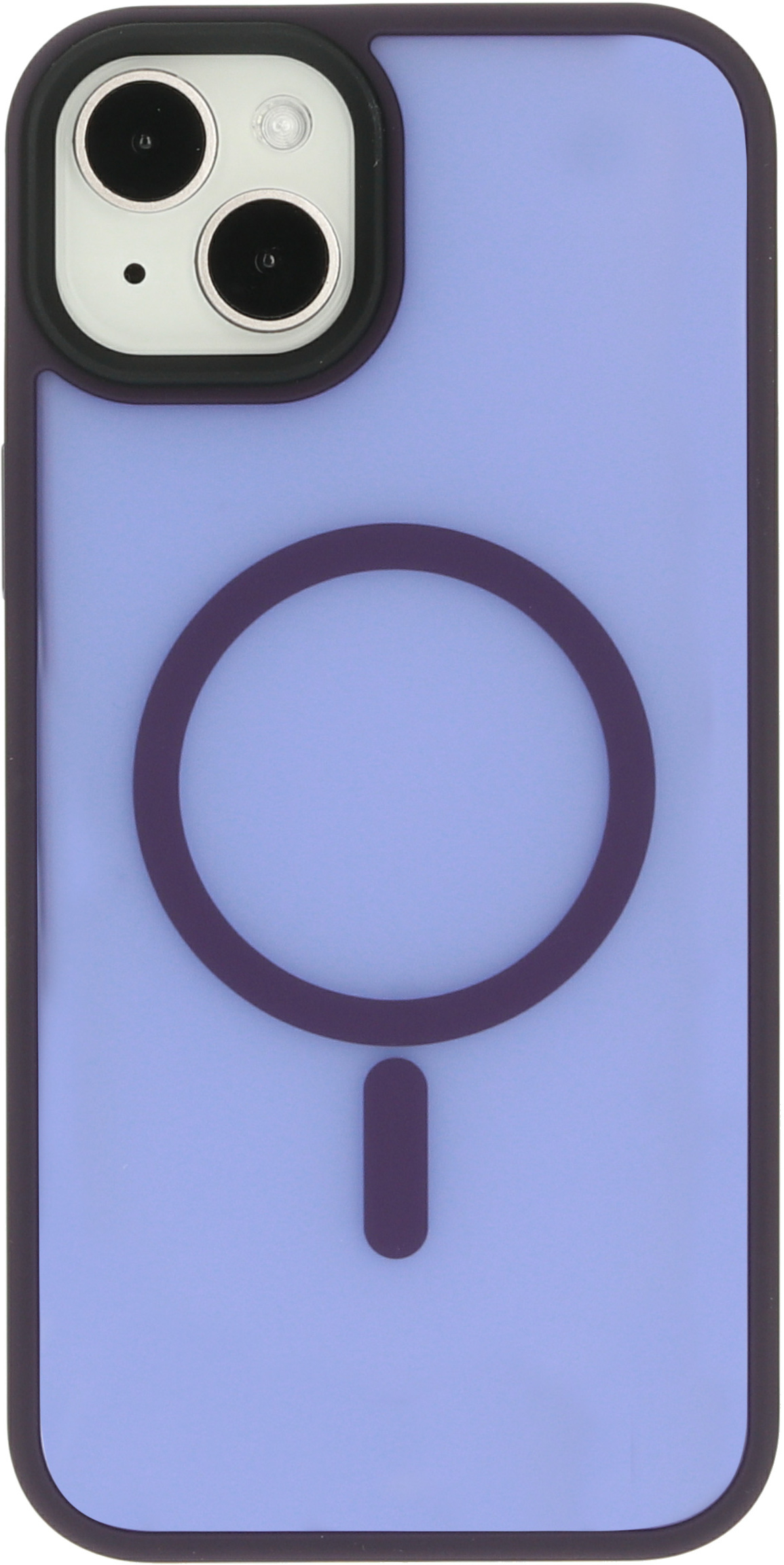 Telefoon in een hoesje met een paarse cirkel en verticale lijn.