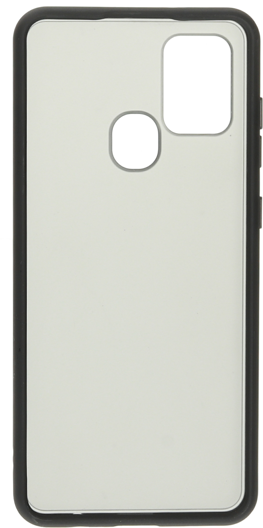 Transparante telefoonhoes met een zwarte rand, met de camera-uitsparing en de achterkant van de telefoon.