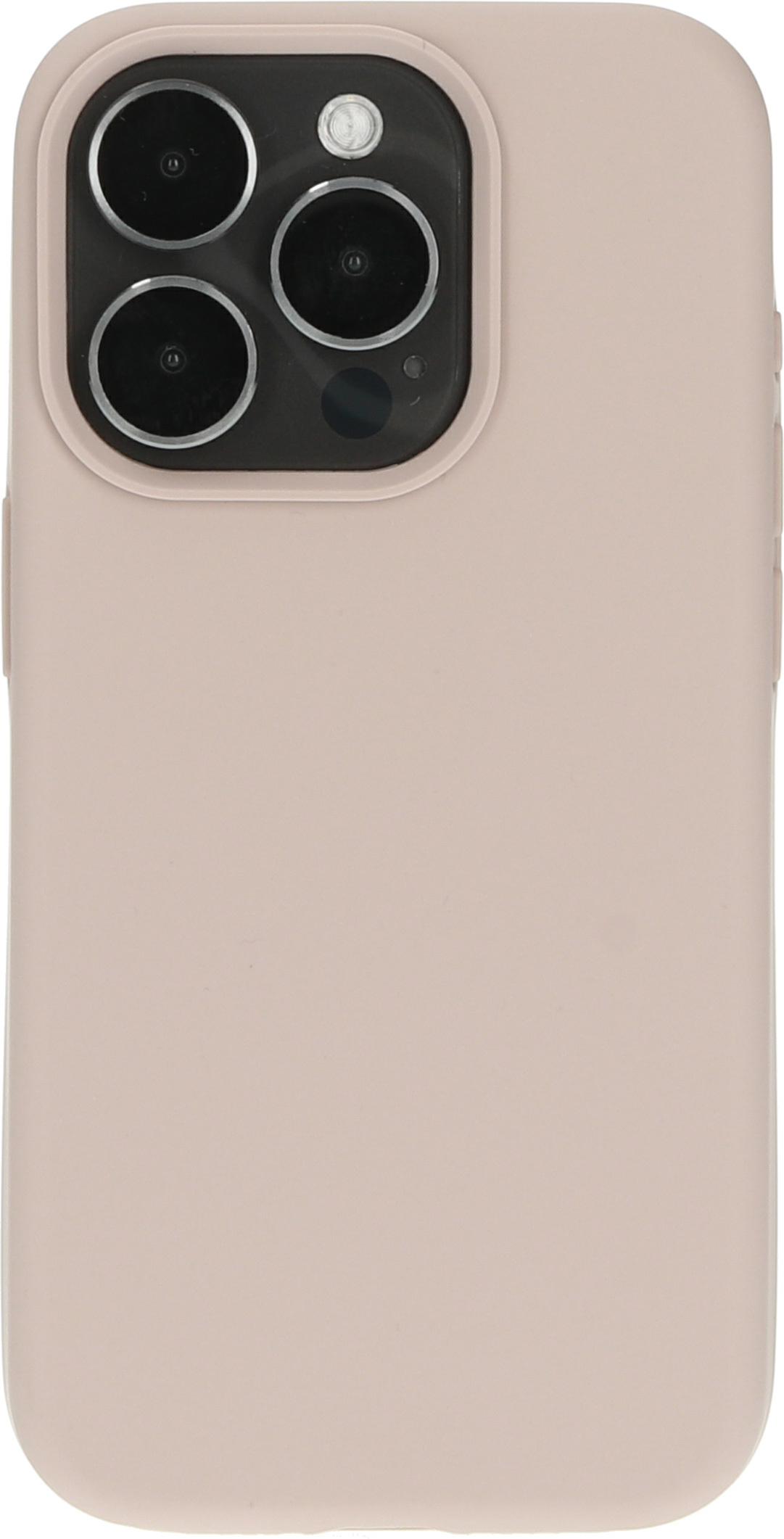 Een lichtroze telefoonhoesje met een cameramodule aan de bovenkant, zichtbaar op de achterkant.