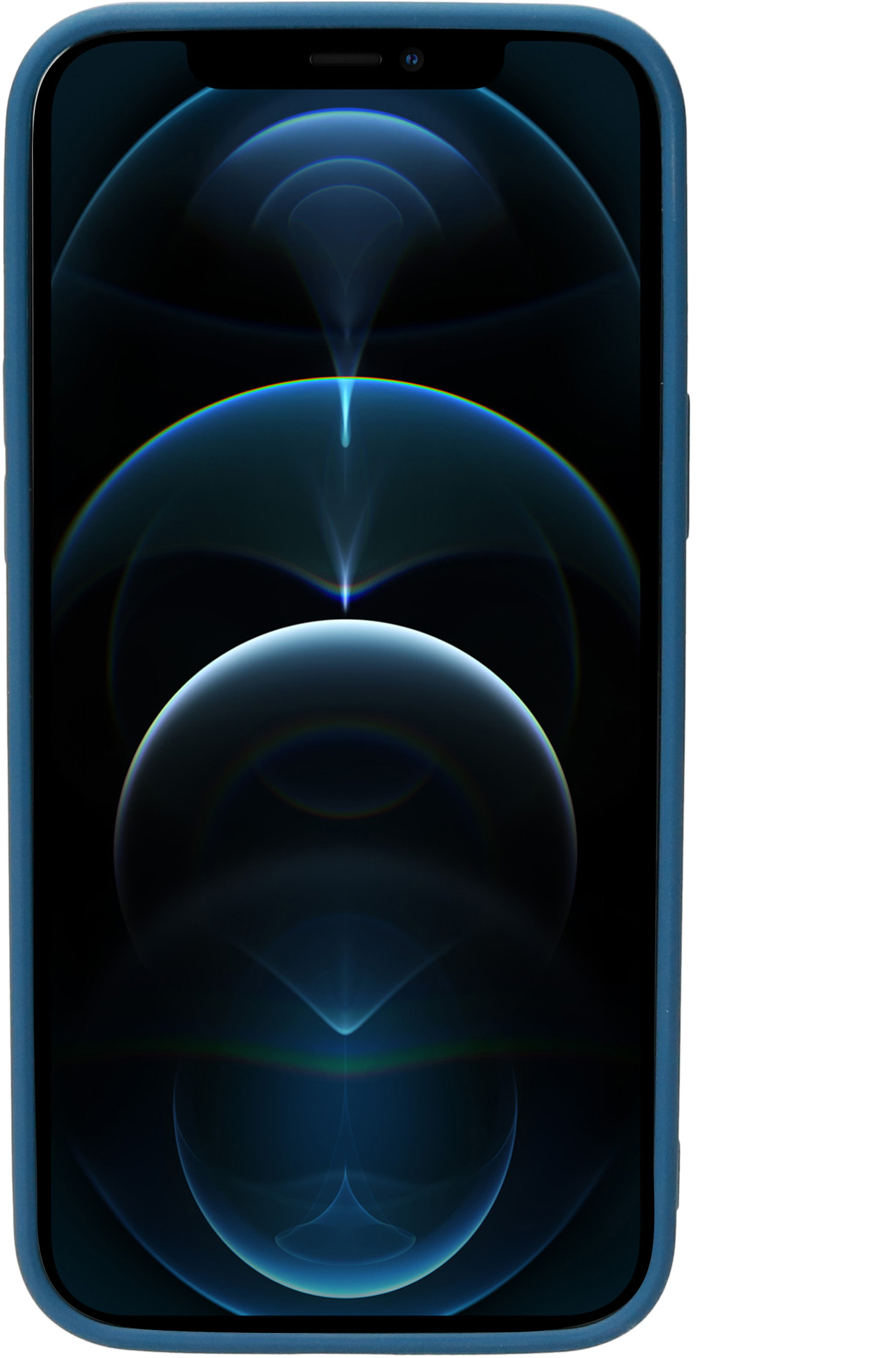 Phone in a blue case with a dark blue abstract screen.
