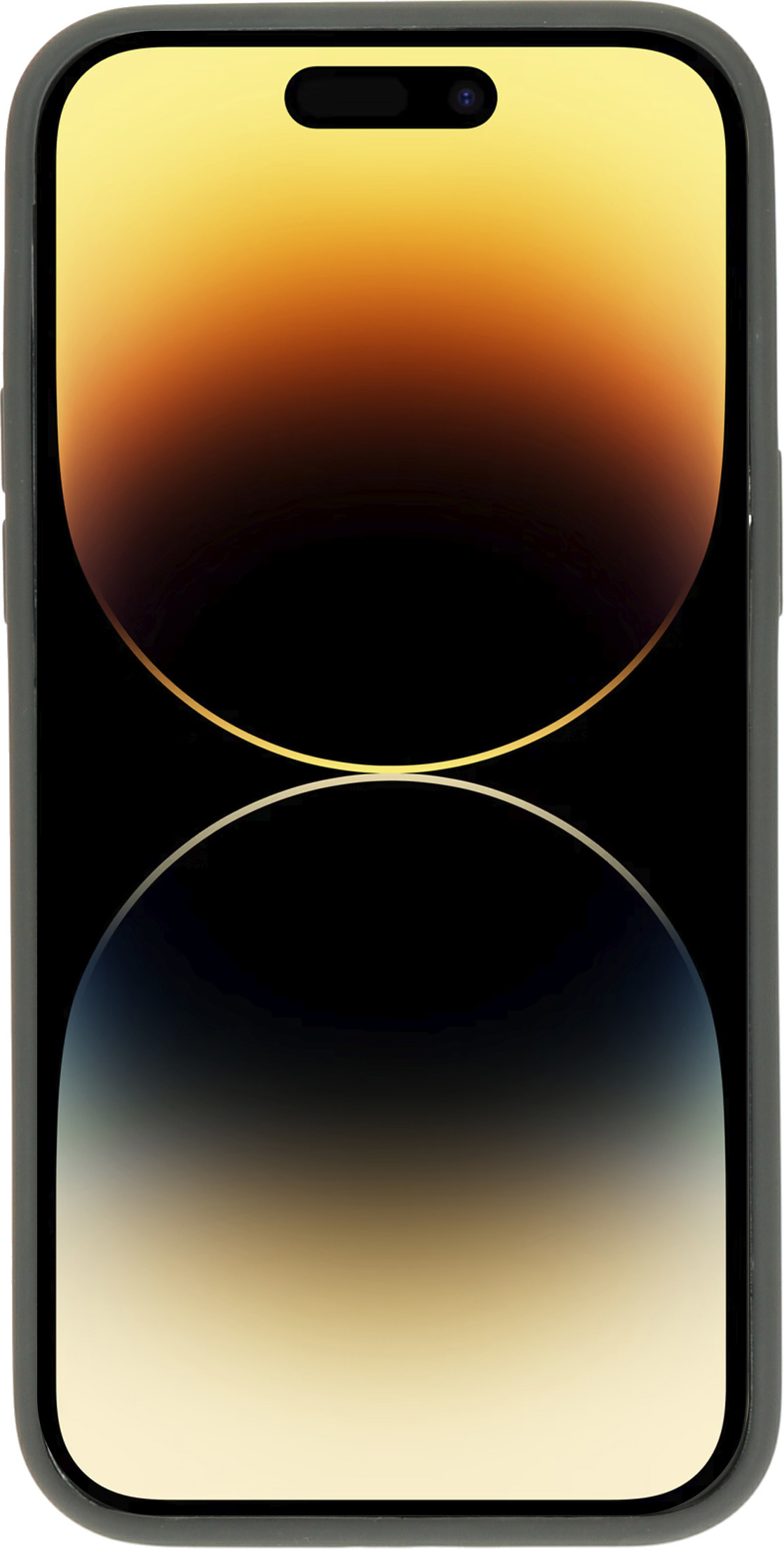 Grijze telefoonhoes met telefoon met een goud en zwart scherm.